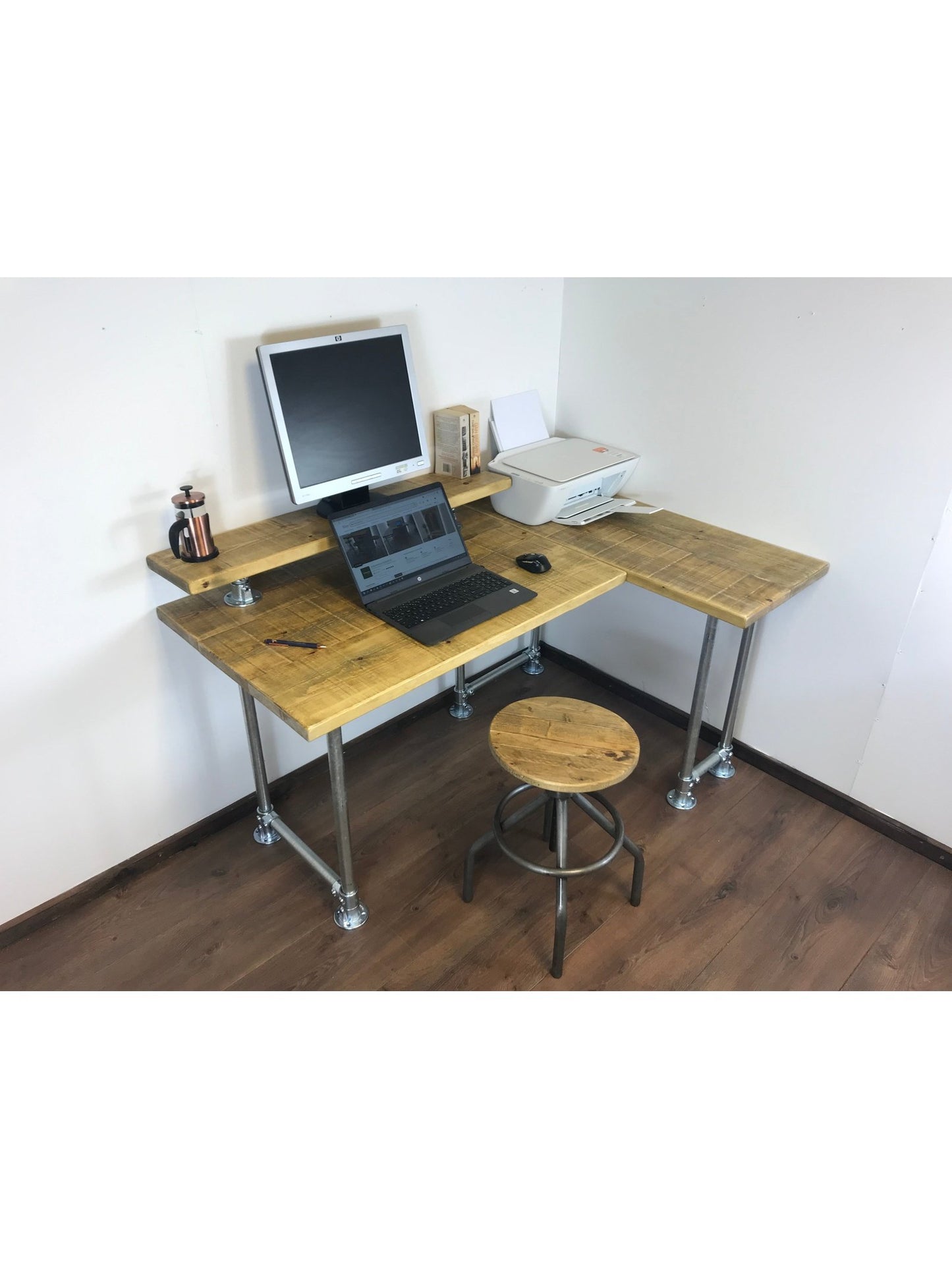 Rustic Industrial Office Corner Desk with Monitor Shelf and Silver Legs - Left or right Handed Style - 5 Colours