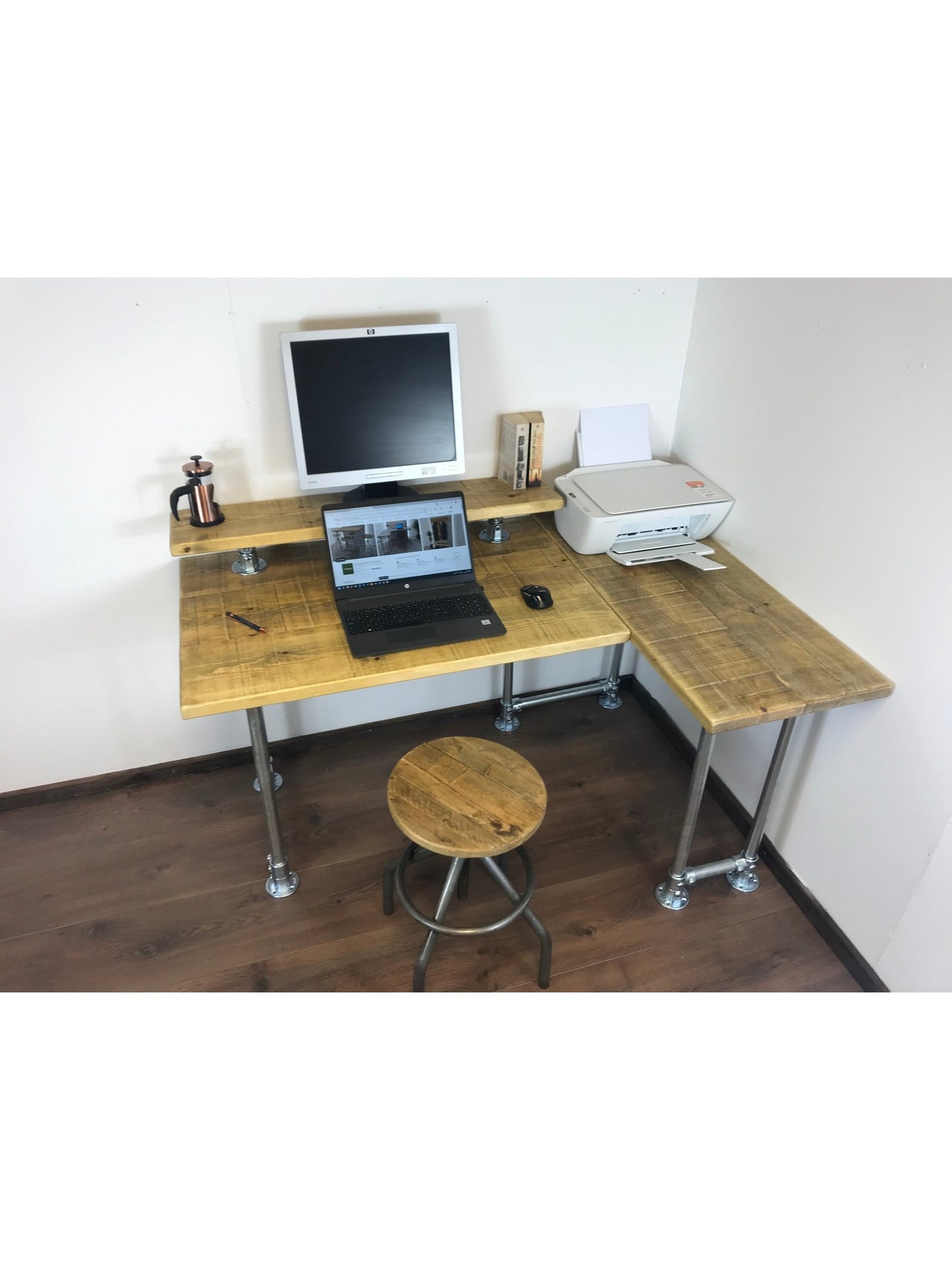 Rustic Industrial Office Corner Desk with Monitor Shelf and Silver Legs - Left or right Handed Style - 5 Colours