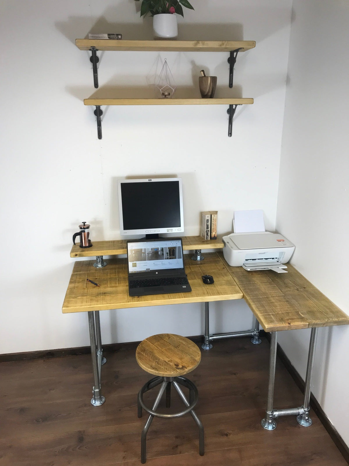 Rustic Industrial Office Corner Desk with Monitor Shelf and Silver Legs - Left or right Handed Style - 5 Colours