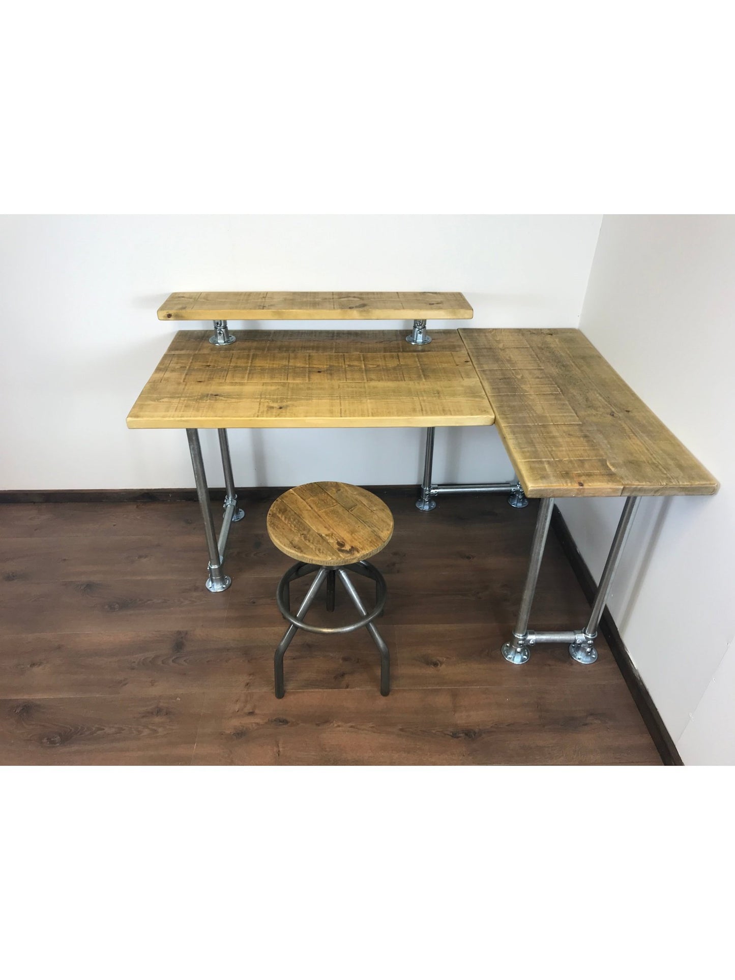 Rustic Industrial Office Corner Desk with Monitor Shelf and Silver Legs - Left or right Handed Style - 5 Colours