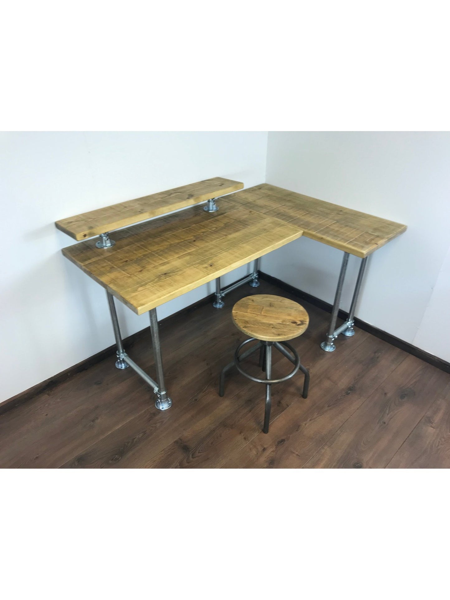 Rustic Industrial Office Corner Desk with Monitor Shelf and Silver Legs - Left or right Handed Style - 5 Colours
