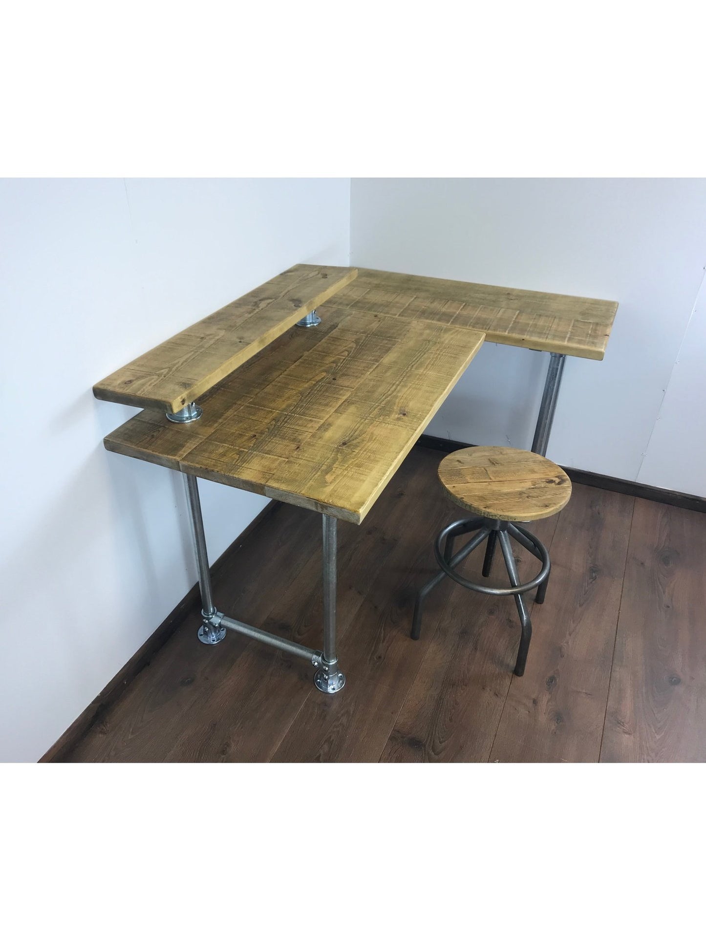 Rustic Industrial Office Corner Desk with Monitor Shelf and Silver Legs - Left or right Handed Style - 5 Colours