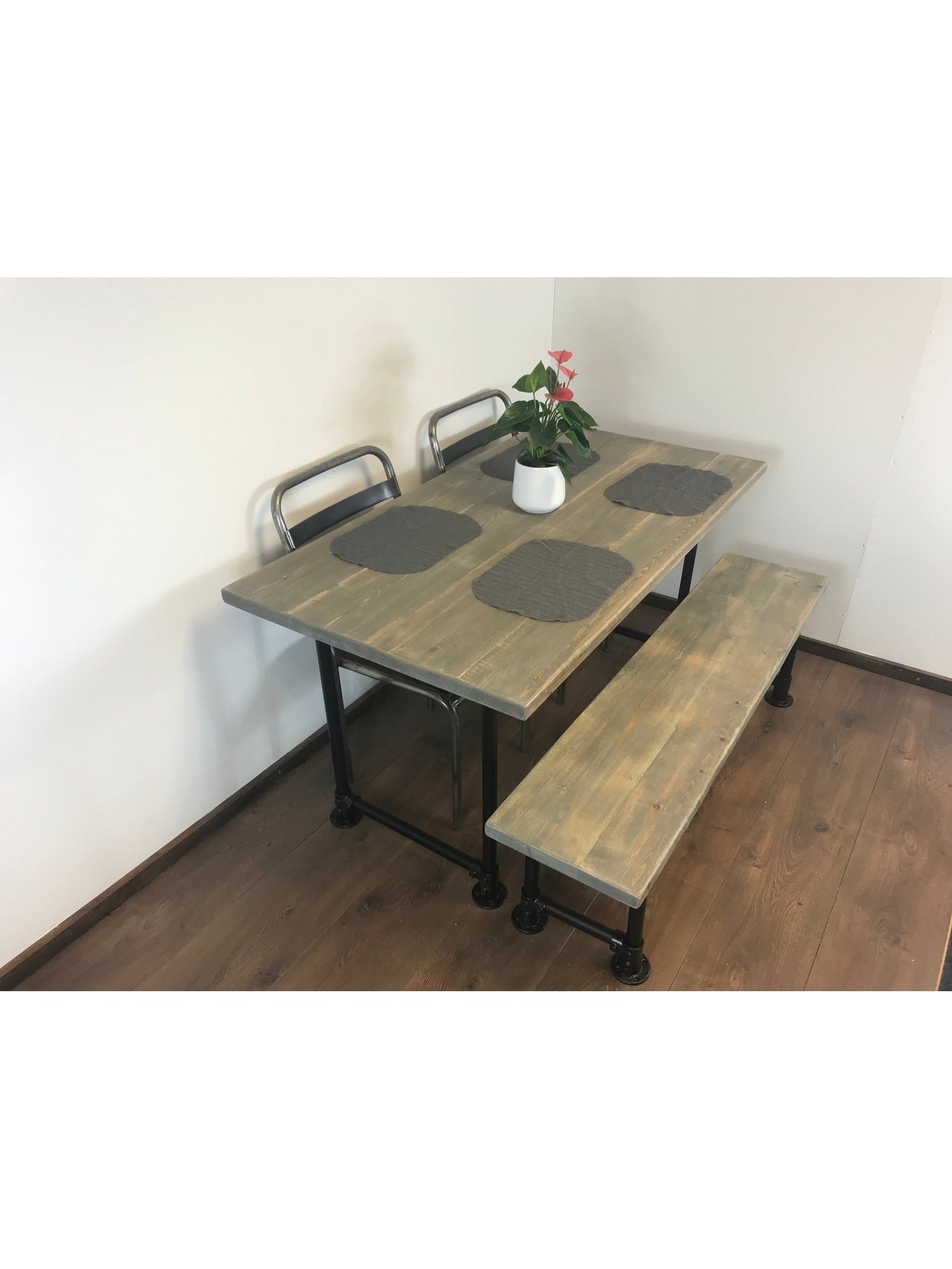 Dining table and bench set, choice of 5 wood finishes, Black industrial style legs, Rustic sustainable wood, rustic dining table THE FIRTREE
