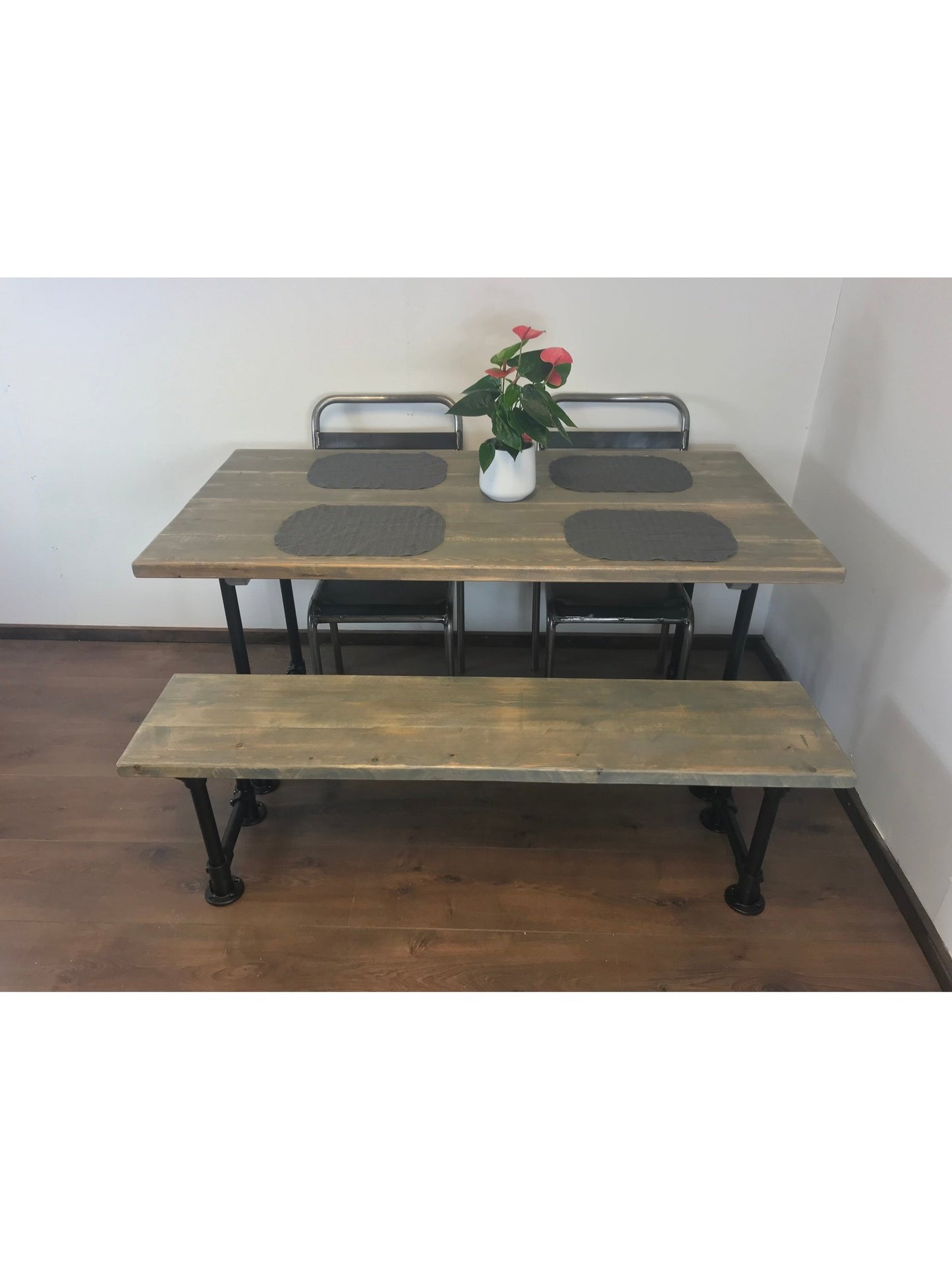 Dining table and bench set, choice of 5 wood finishes, Black industrial style legs, Rustic sustainable wood, rustic dining table THE FIRTREE