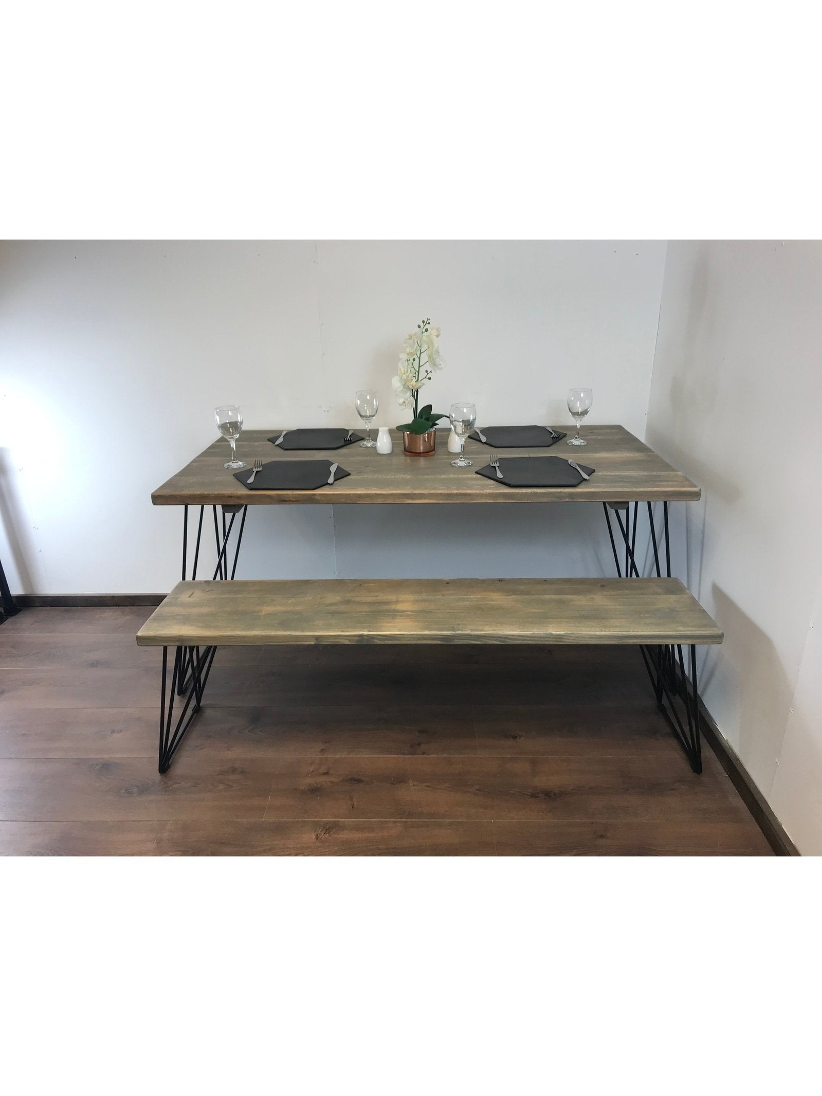 Rustic Dining table and bench set, Rustic timber professionally joined in 5 colours, Industrial Hair pin legs, The ASH - Industerior