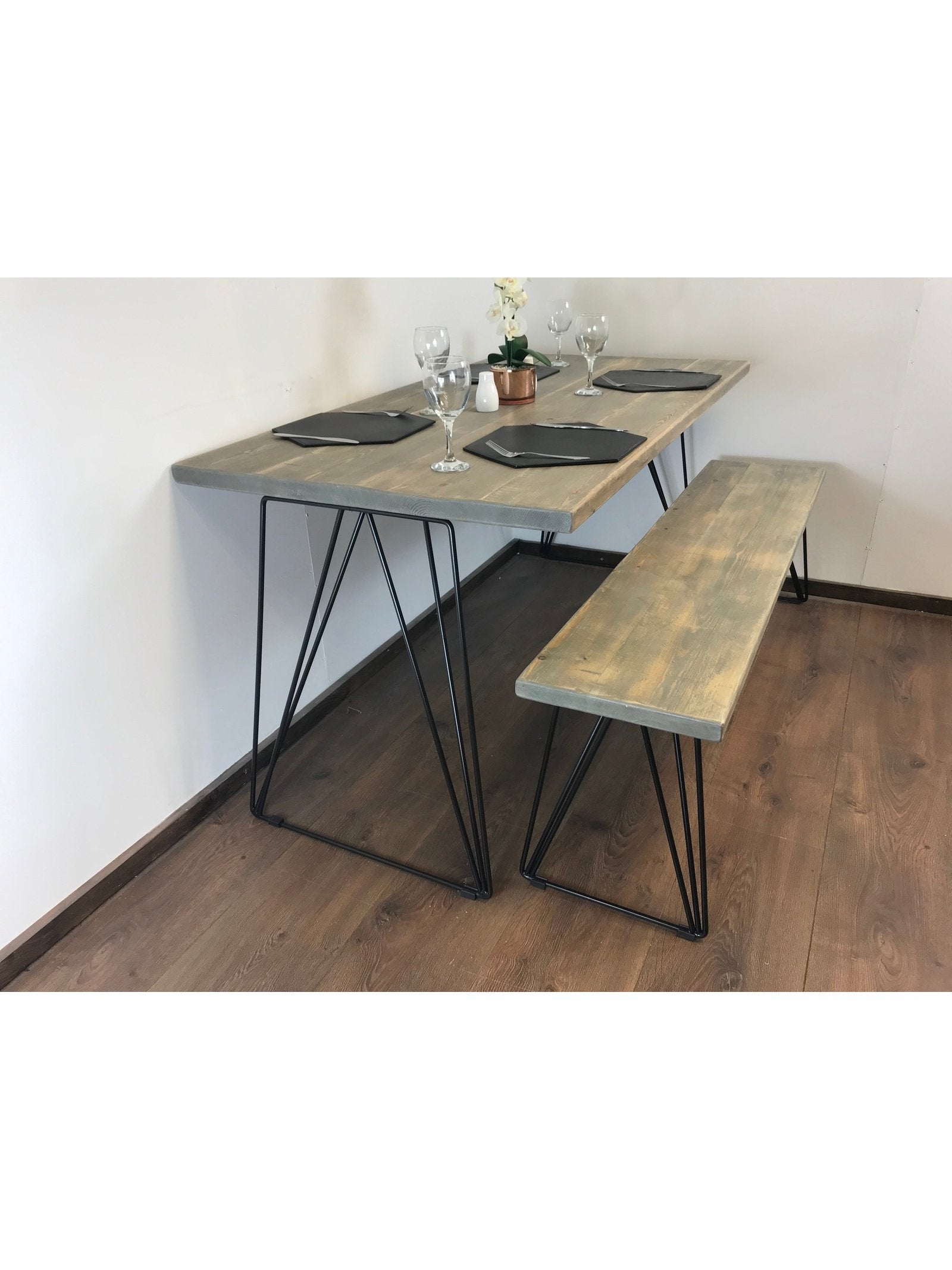 Rustic Dining table and bench set, Rustic timber professionally joined in 5 colours, Industrial Hair pin legs, The ASH - Industerior