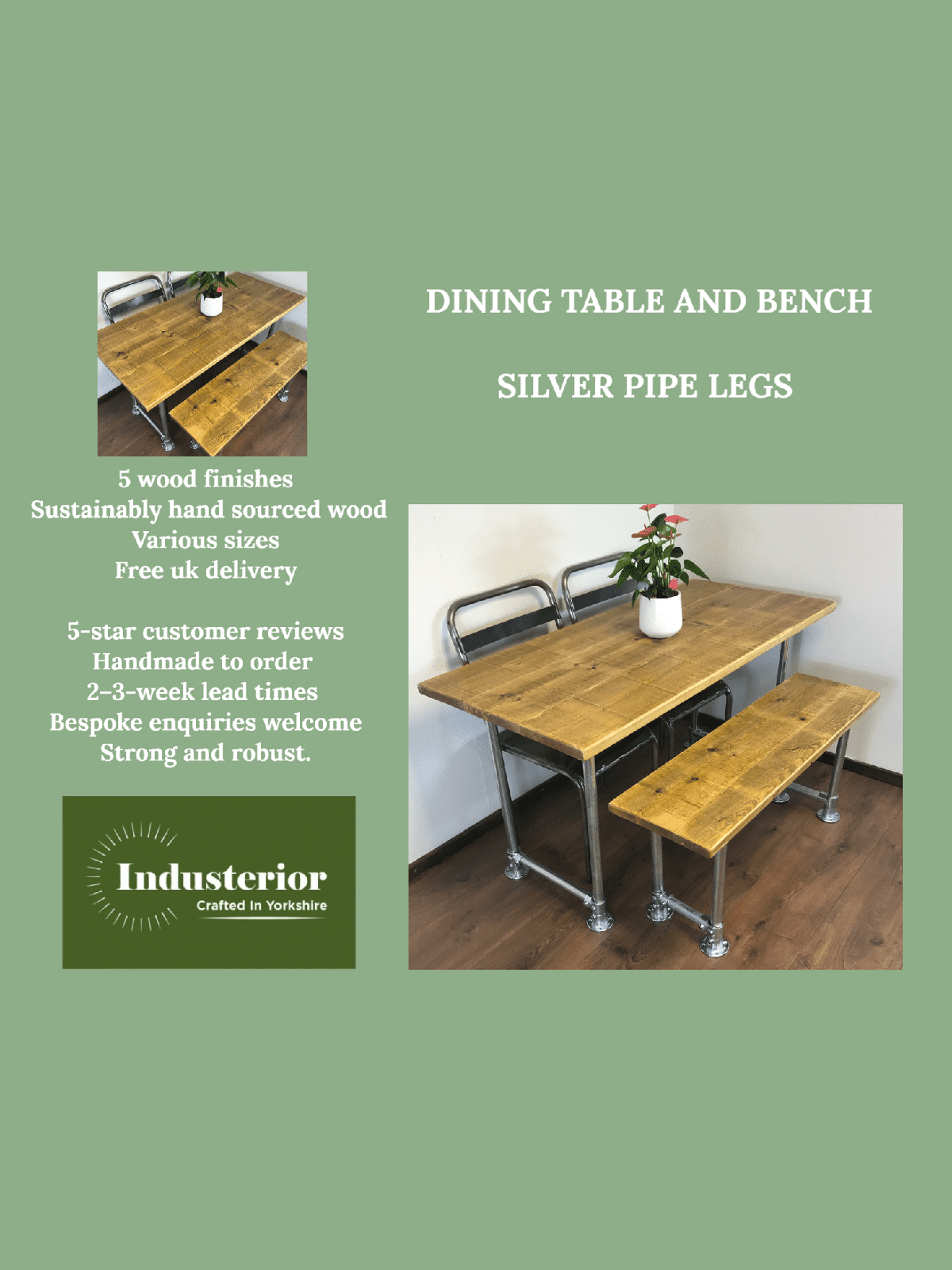 Scaffold style dining table with optional bench set. with a choice of 5 wood finishes and silver industrial legs,.