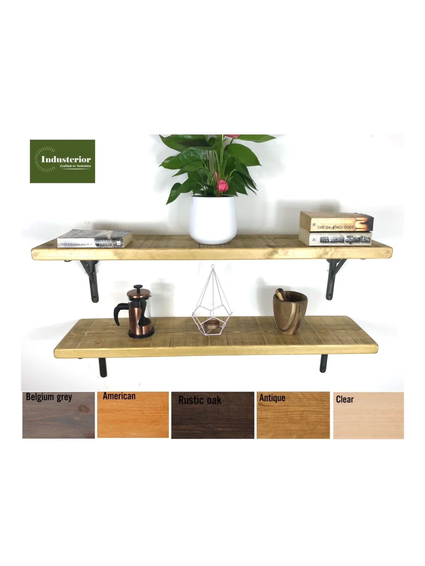 Rustic Style Solid Wood Shelf with Raw Steel Brackets, Handcrafted, 5 wood finishes. free Uk delivery