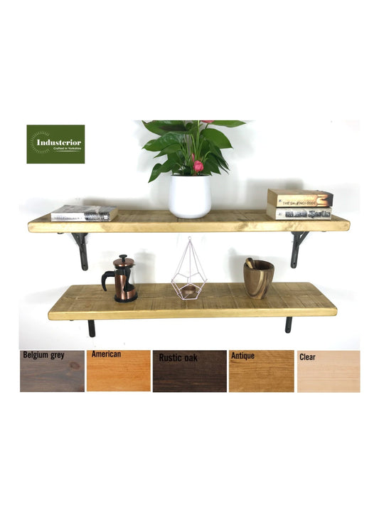 Rustic Style Solid Wood Shelf with Raw Steel Brackets, Handcrafted, 5 wood finishes. free Uk delivery - Industerior