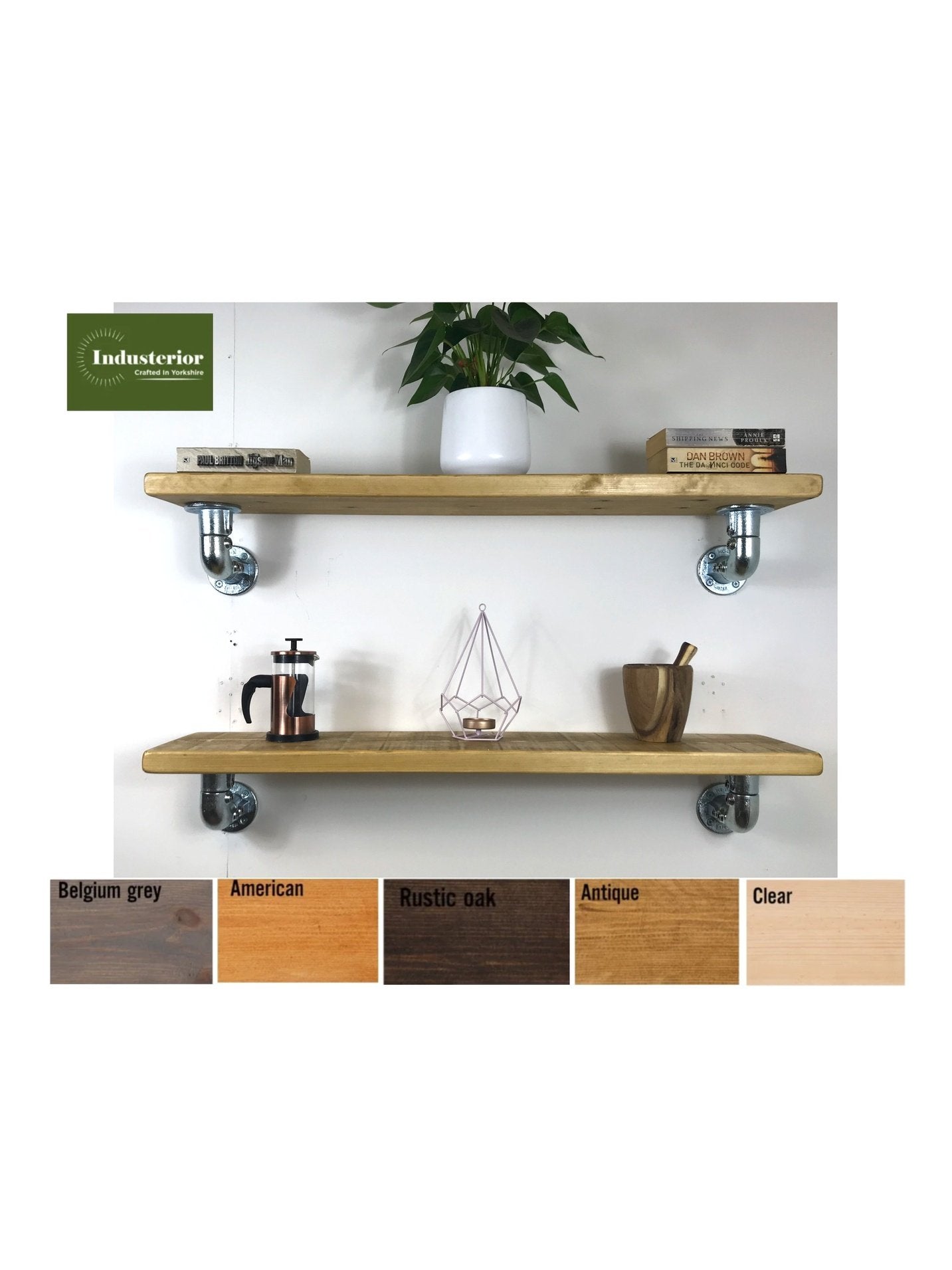 Rustic Shelves, handcrafted in solid wood, Industrial silver scaffold style Brackets, 5 wood colours, wall shelf - Industerior