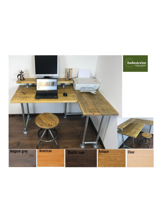 Rustic Industrial Office Corner Desk with Monitor Shelf and Silver Legs - Left or right Handed Style - 5 Colours - Industerior