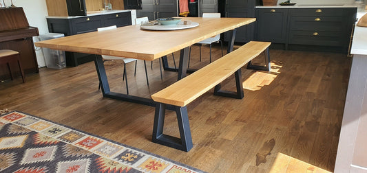 Rustic Elegance: Solid Oak Dining Table with Waney Edge and Industrial Style Box Section Legs