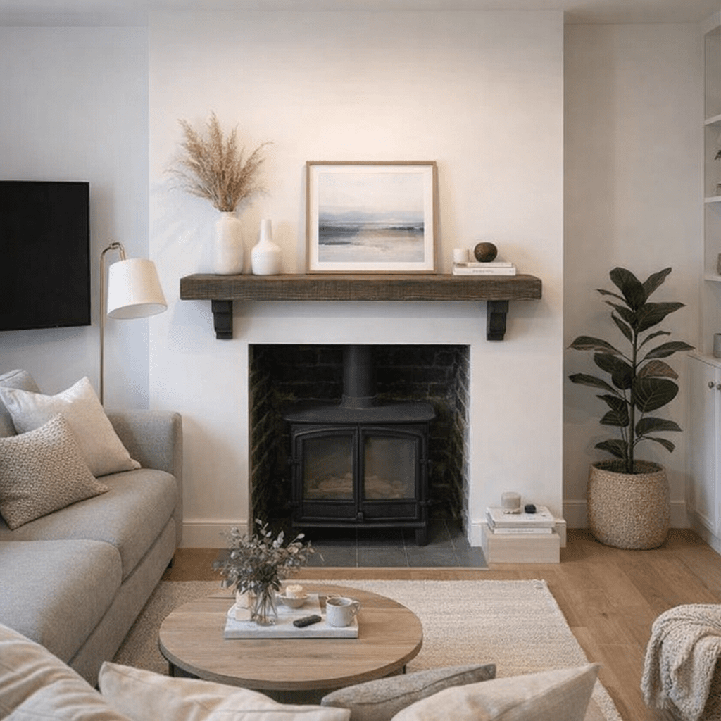 Mantle beam with Corbel Mantelpiece Cast Iron brackets, 150mm x 75mm solid pine wood hand finished and stained