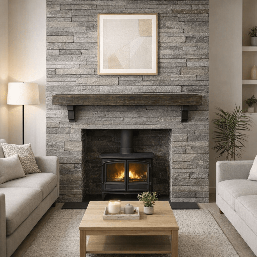 Mantle beam with Corbel Mantelpiece Cast Iron brackets, 150mm x 75mm solid pine wood hand finished and stained