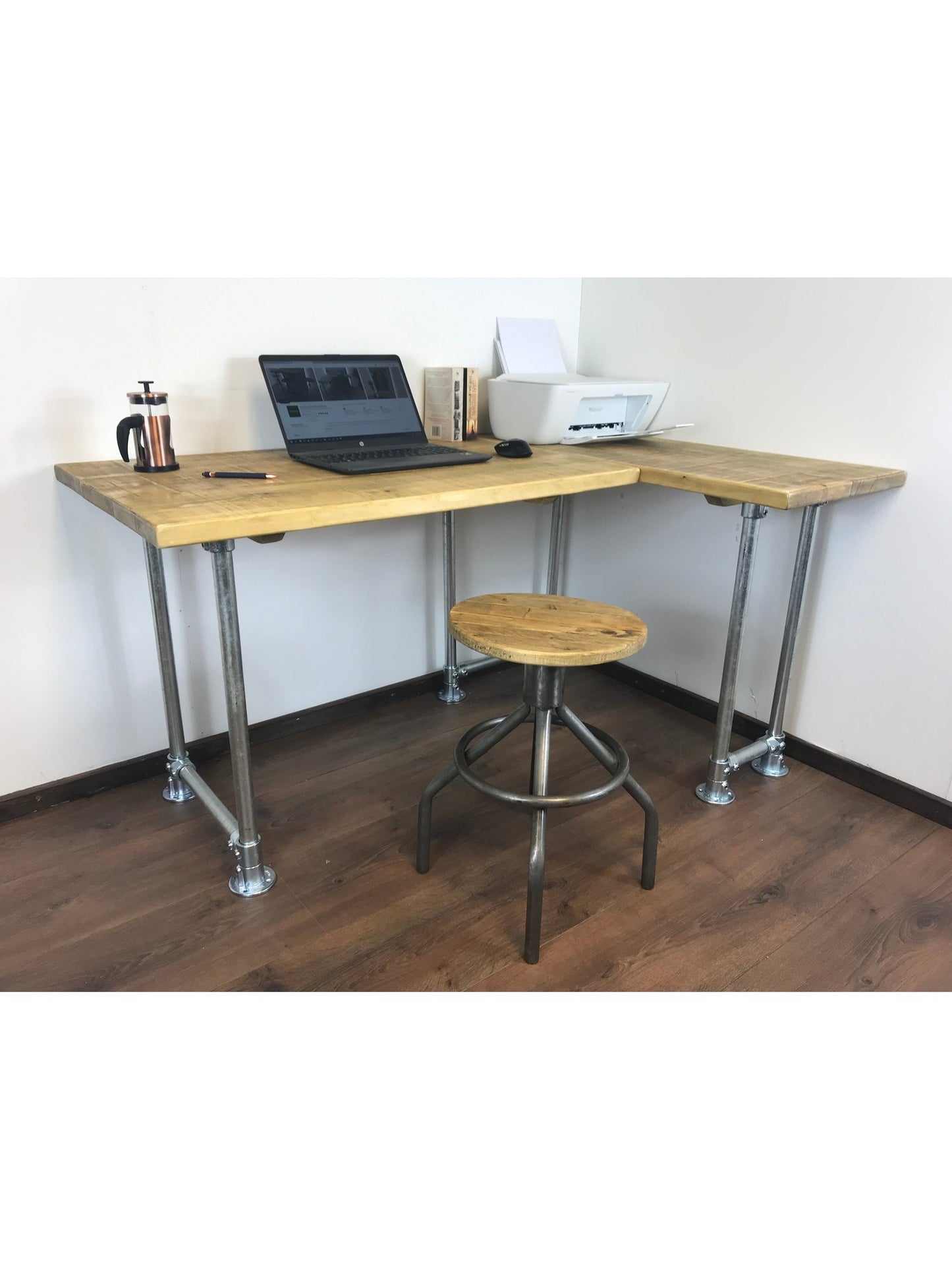 Rustic Industrial Corner Desk - L-Shape with Silver Metal Legs - 3 Colours - Right or left-handed, Free UK delivery