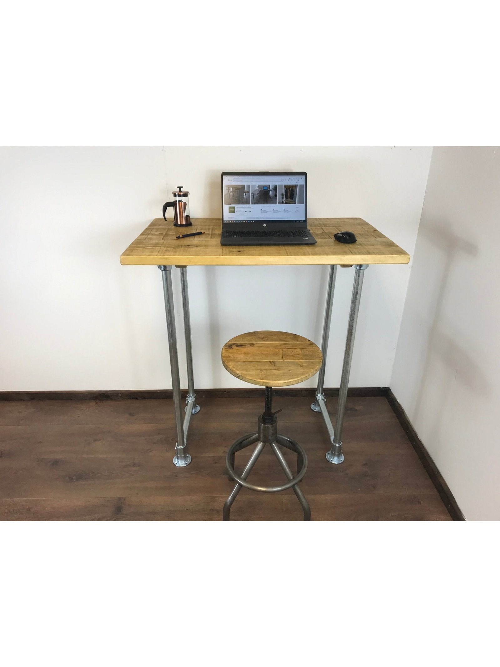 Standing Home Desk with silver pipe legs in 5 wood colours. Industrial style standing Desk, home office. Rustic standing desk