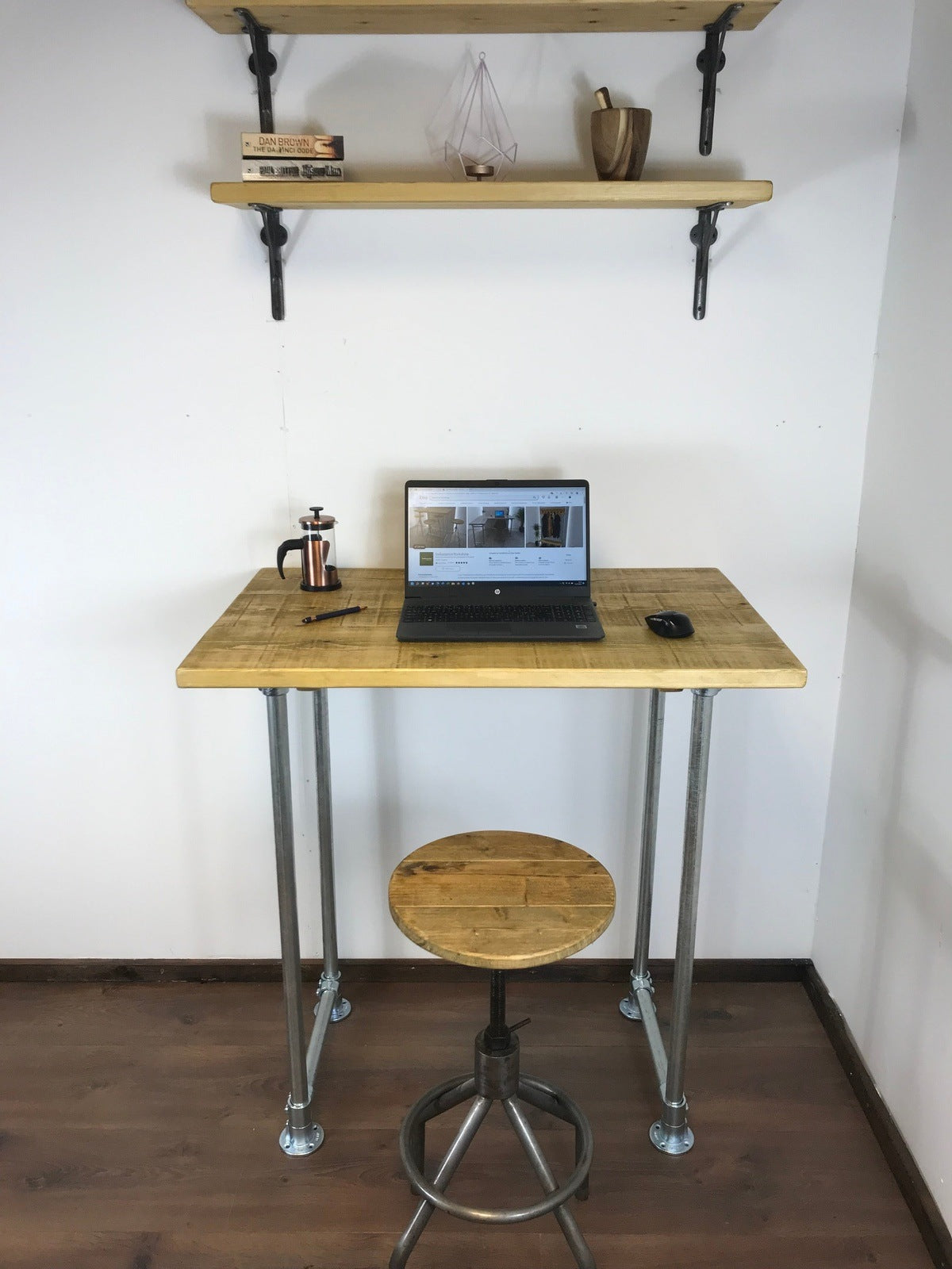 Standing Home Desk with silver pipe legs in 5 wood colours. Industrial style standing Desk, home office. Rustic standing desk