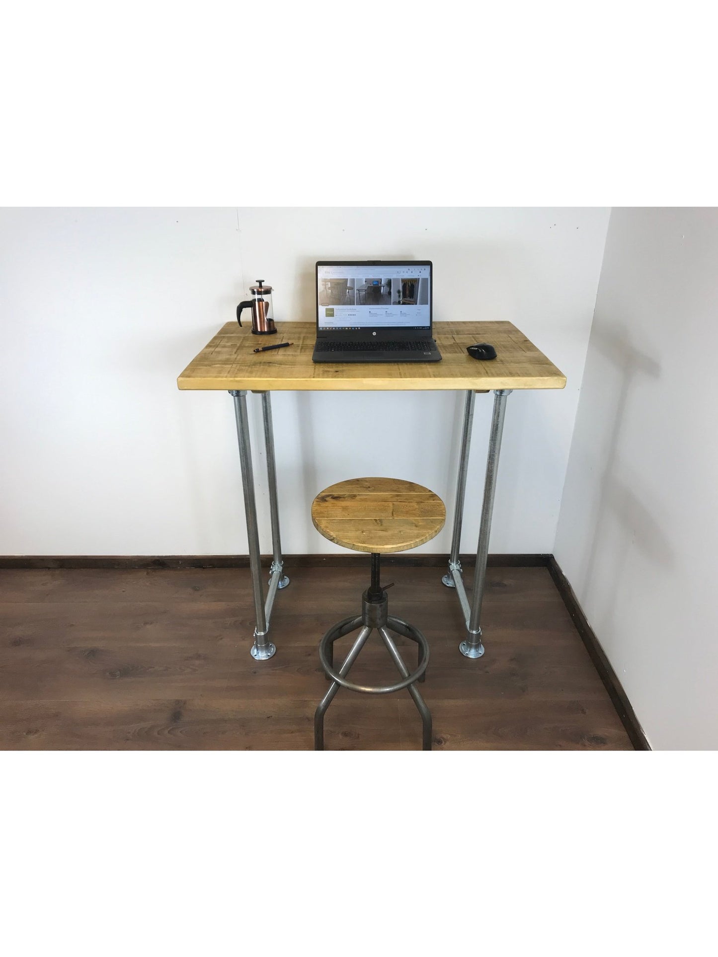 Standing Home Desk with silver pipe legs in 5 wood colours. Industrial style standing Desk, home office. Rustic standing desk