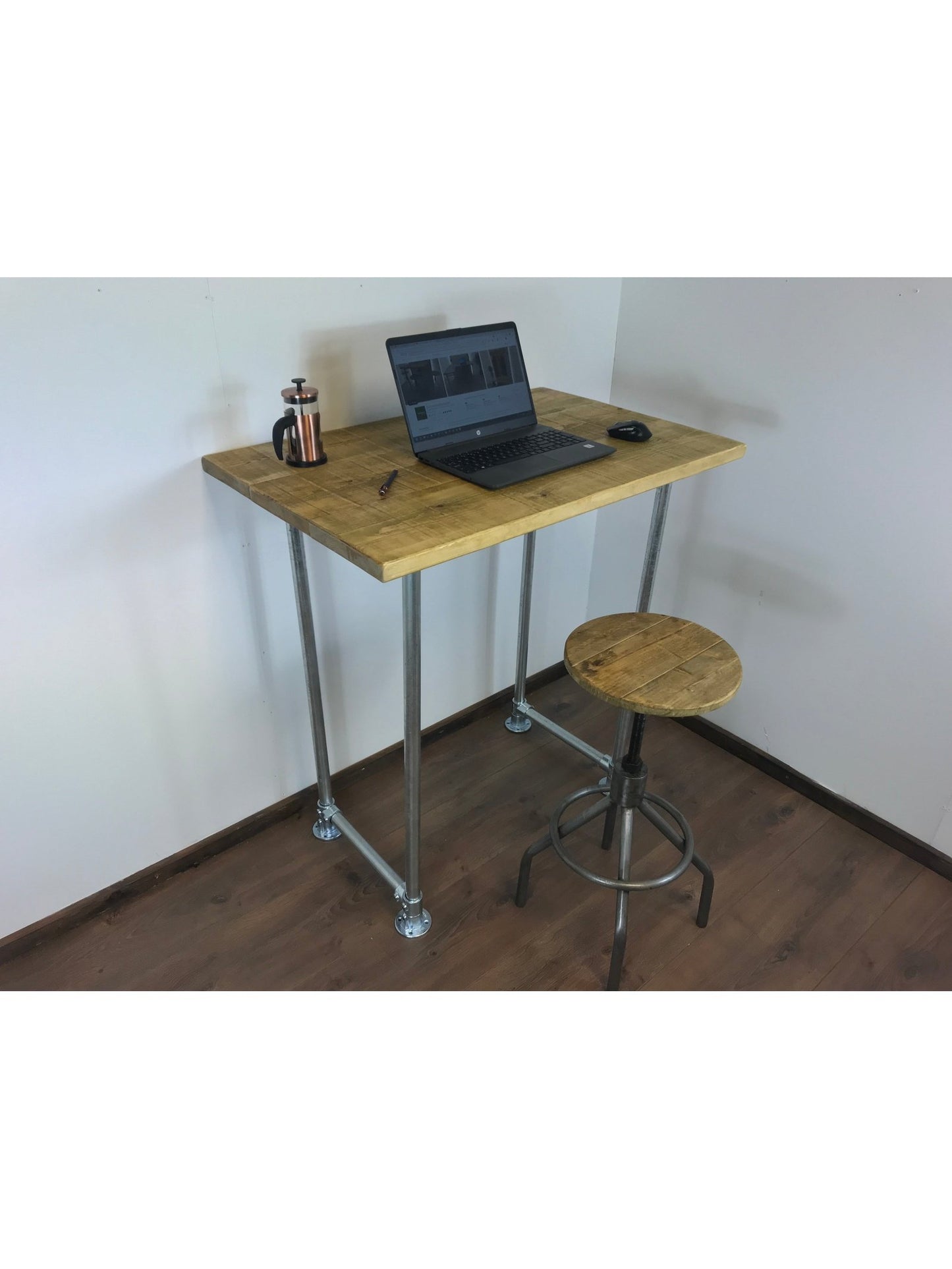 Standing Home Desk with silver pipe legs in 5 wood colours. Industrial style standing Desk, home office. Rustic standing desk