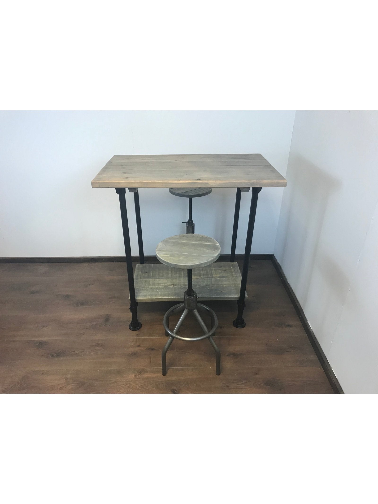 Industrial Breakfast Bar and shelf with Black Pipe Legs, adjustable feet for uneven floors- rustic sustainable wood.