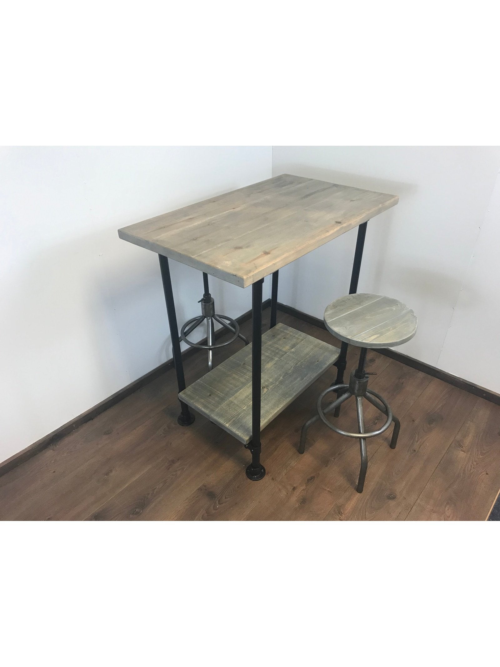 Industrial Breakfast Bar and shelf with Black Pipe Legs, adjustable feet for uneven floors- rustic sustainable wood.