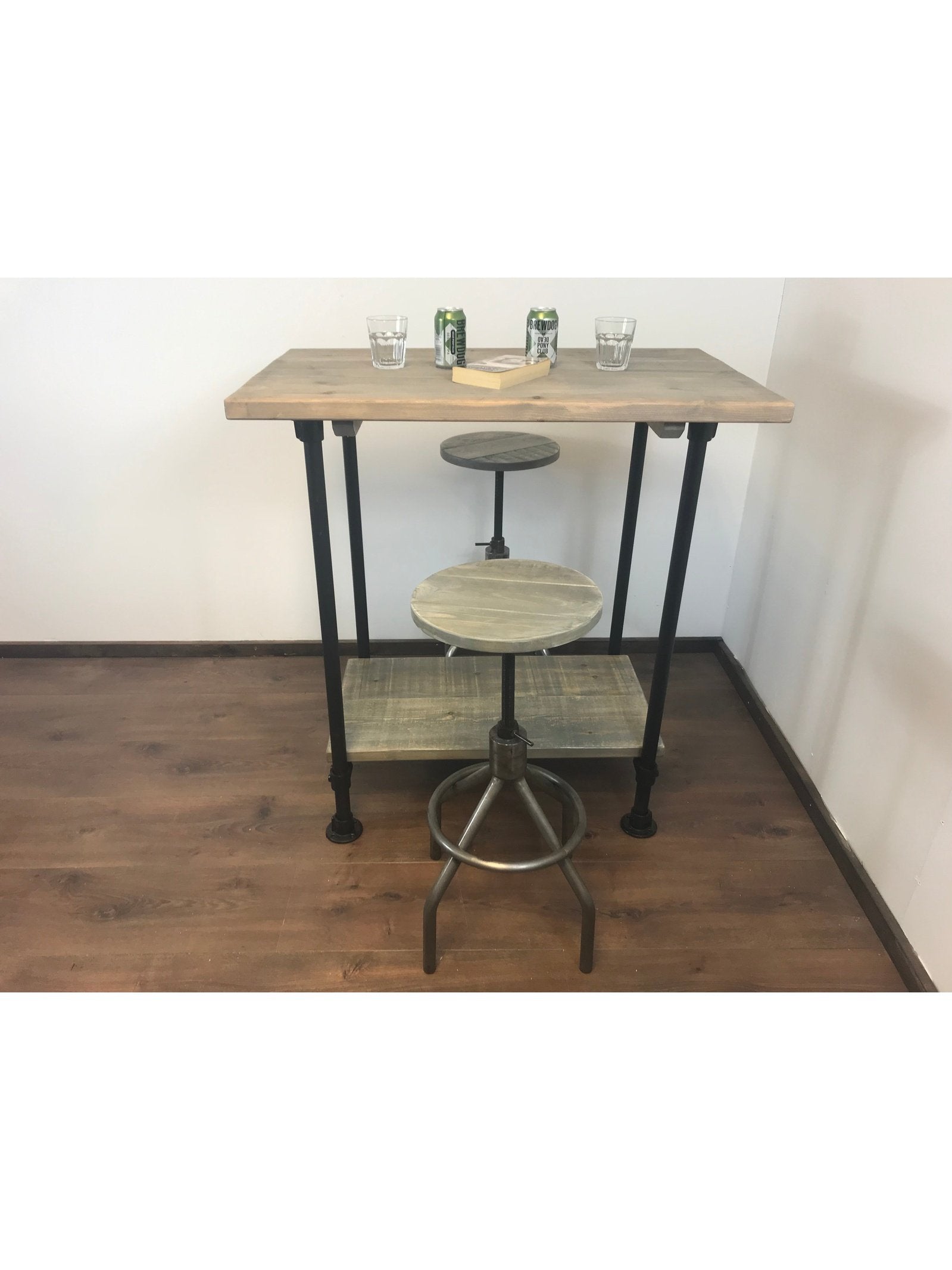 Industrial Breakfast Bar and shelf with Black Pipe Legs, adjustable feet for uneven floors- rustic sustainable wood.