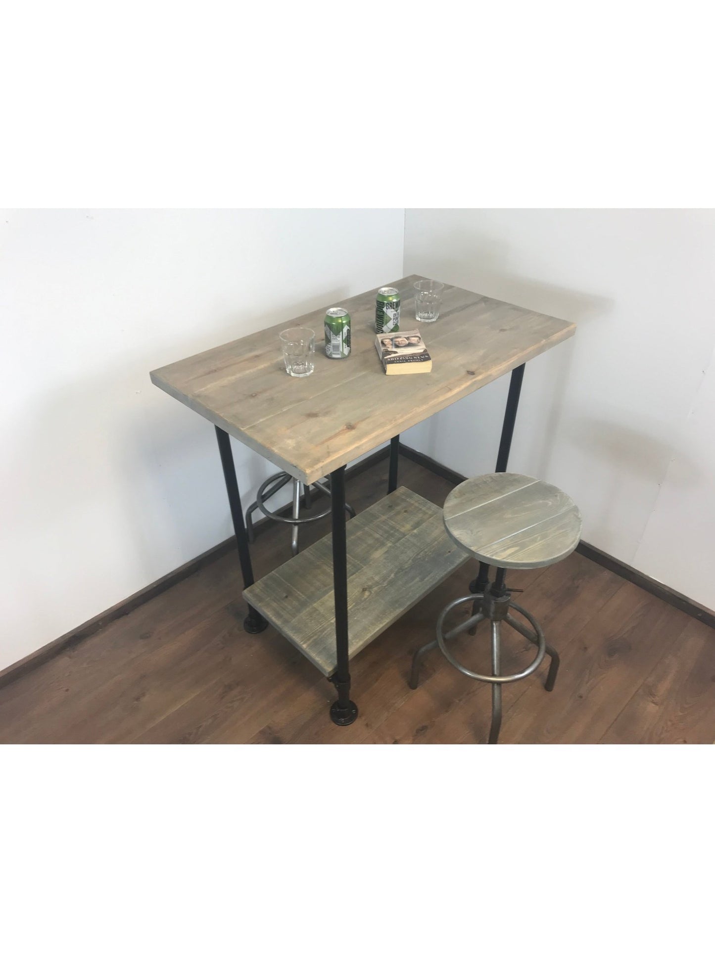 Industrial Breakfast Bar and shelf with Black Pipe Legs, adjustable feet for uneven floors- rustic sustainable wood.