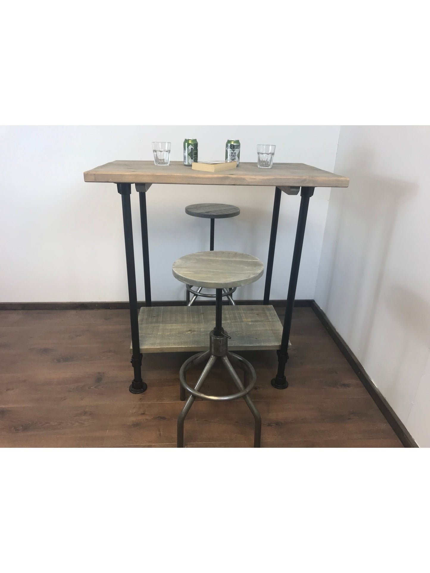 Industrial Breakfast Bar and shelf with Black Pipe Legs, adjustable feet for uneven floors- rustic sustainable wood.