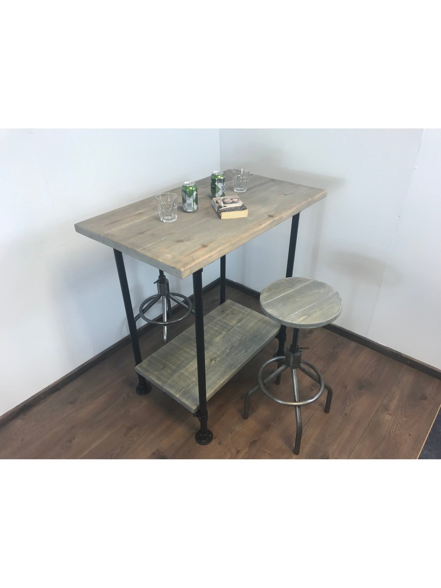 Industrial Breakfast Bar and shelf with Black Pipe Legs, adjustable feet for uneven floors- rustic sustainable wood.