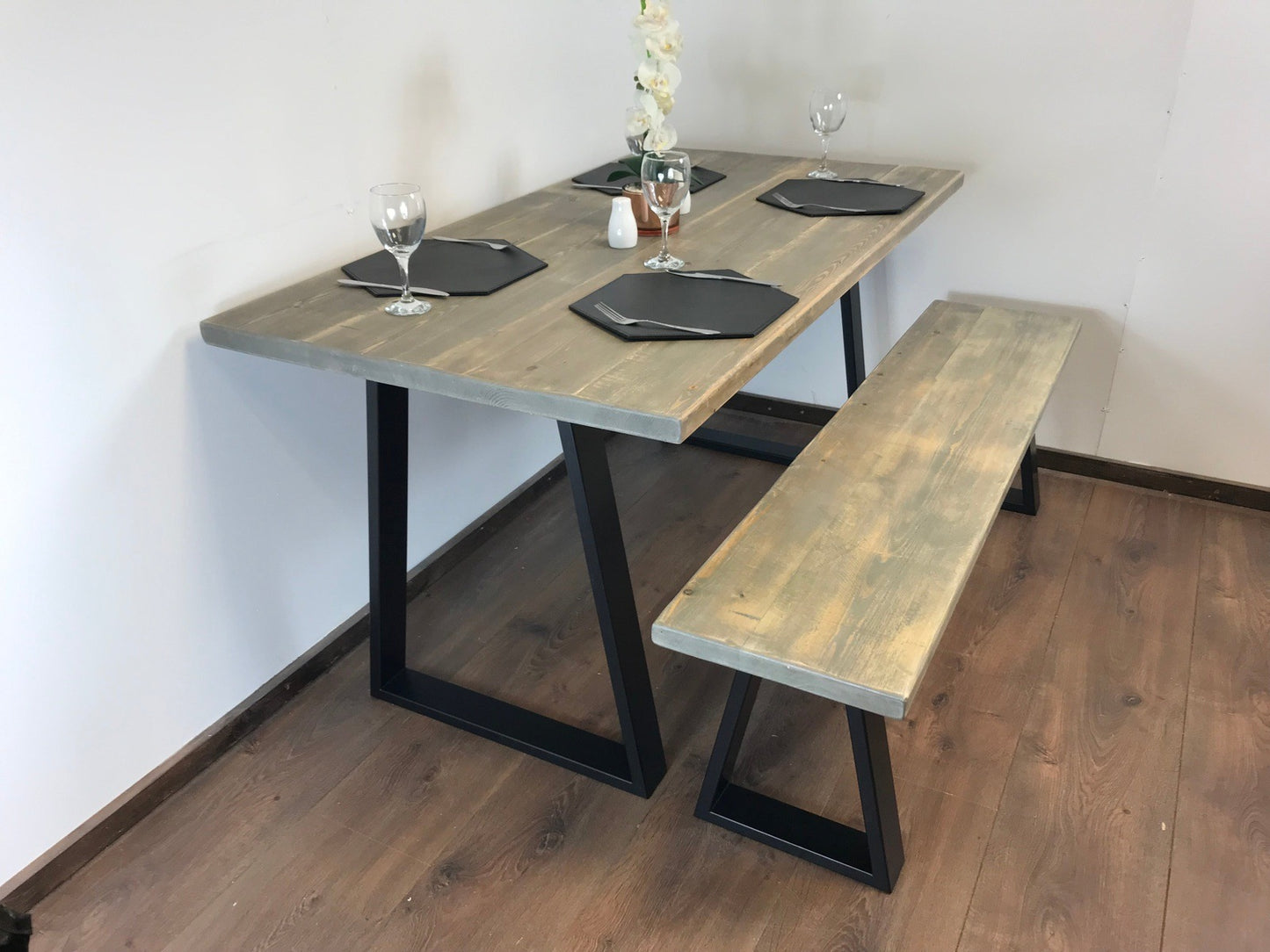 Rustic trapezium Leg Solid Wood Dining Table Set with Matching Bench Options