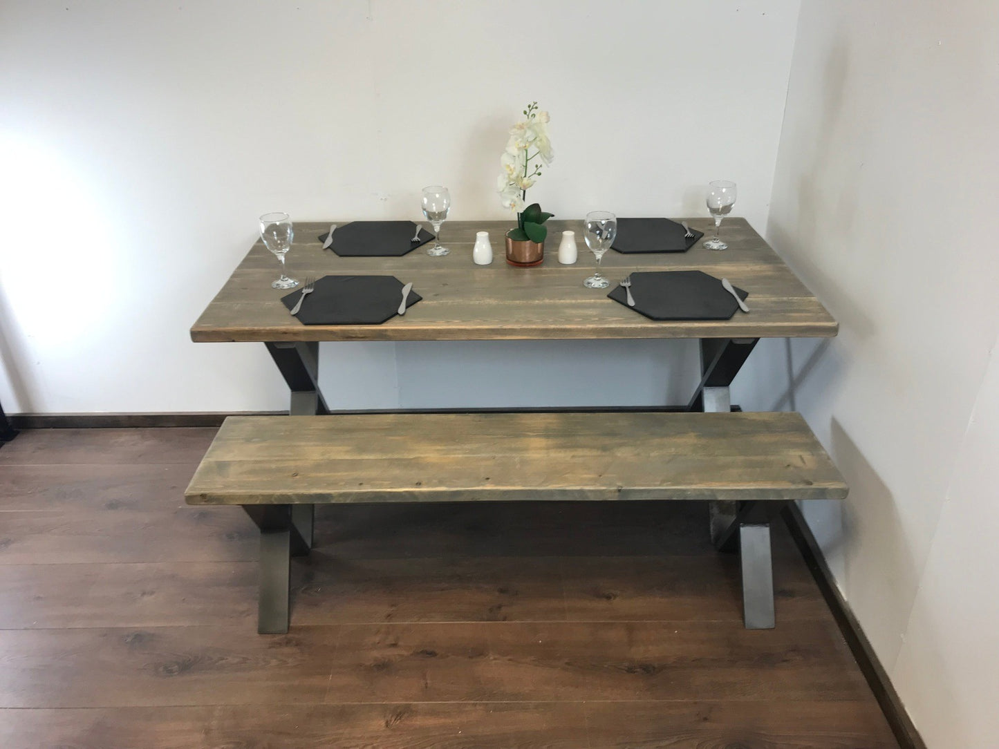 Rustic X-Leg Solid Wood Dining Table Set with Matching Bench Options