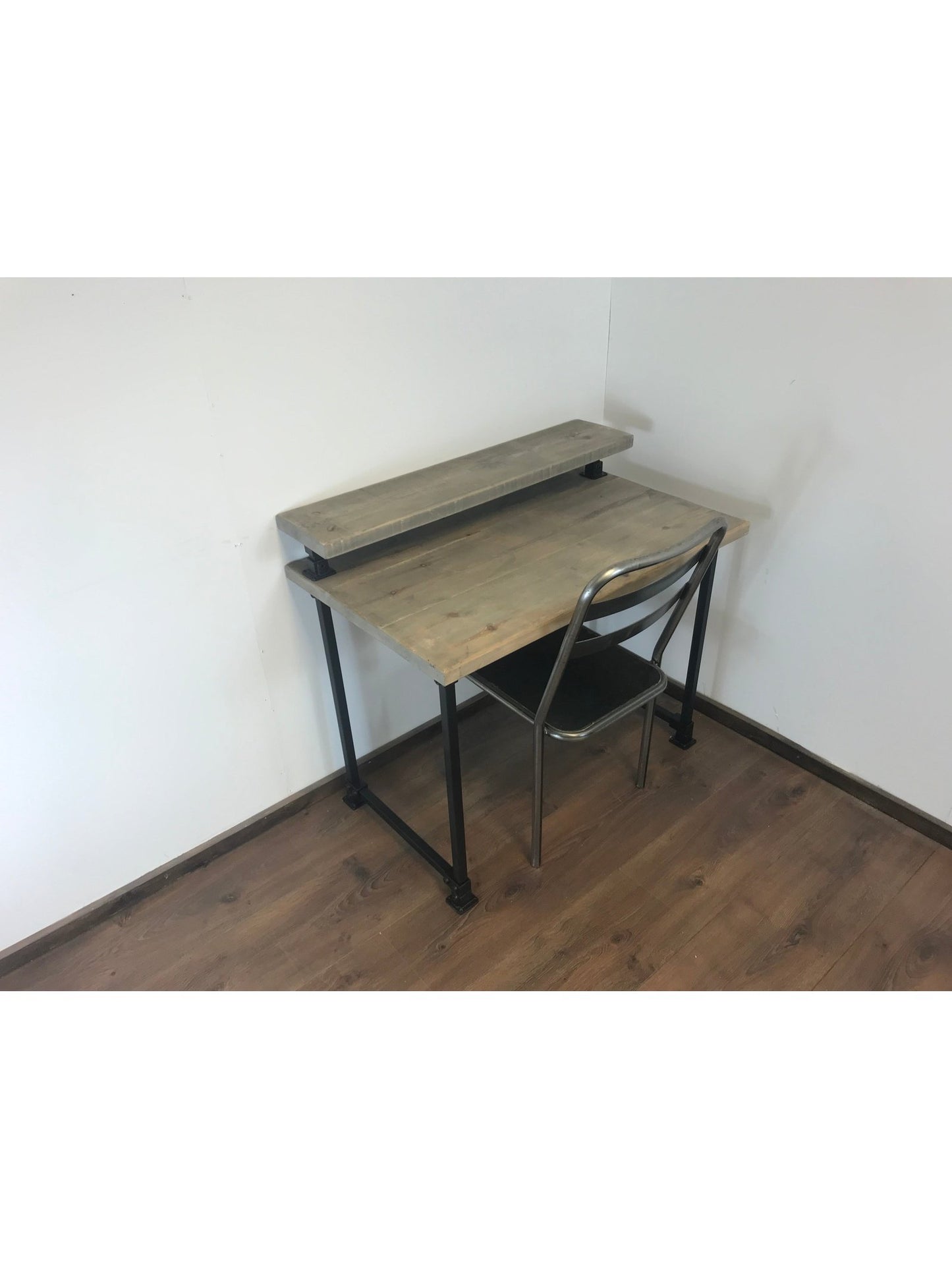 Home office desk with black square adjustable legs. with monitor shelf. 5 rustic wood colours. Industrial style. Simple Allan key installation, The Axlewood