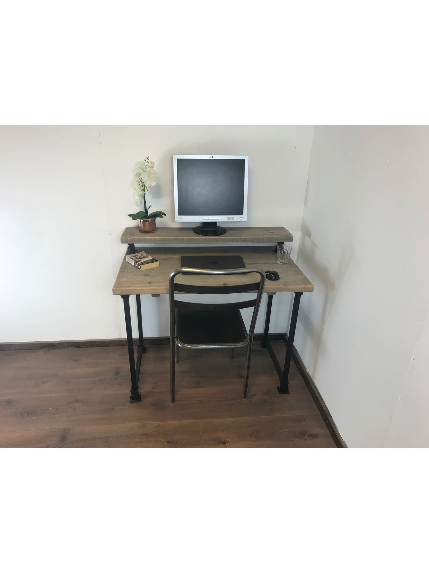 Home office desk with black square adjustable legs. with monitor shelf. 5 rustic wood colours. Industrial style. Simple Allan key installation, The Axlewood