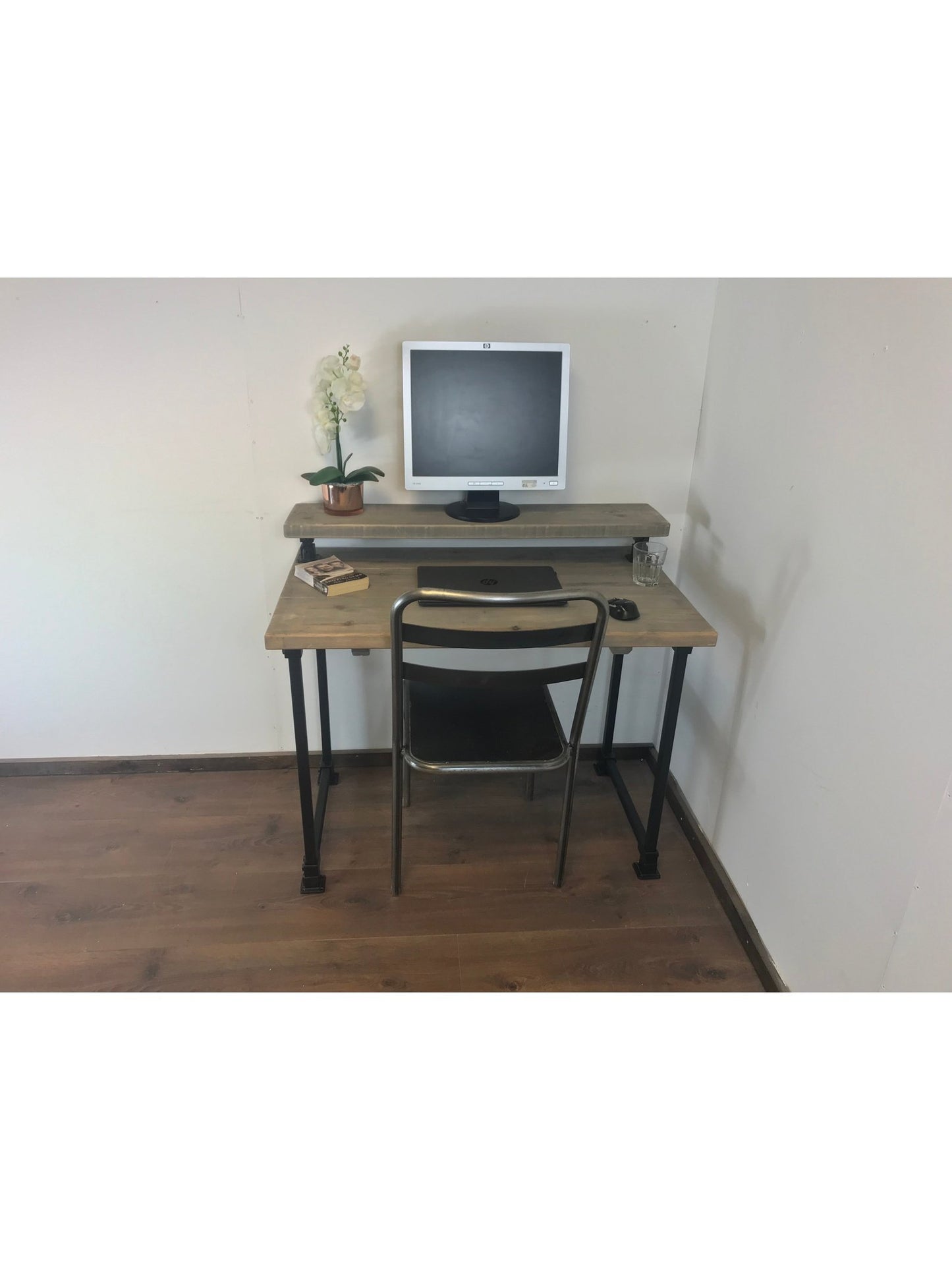 Home office desk with black square adjustable legs. with monitor shelf. 5 rustic wood colours. Industrial style. Simple Allan key installation, The Axlewood