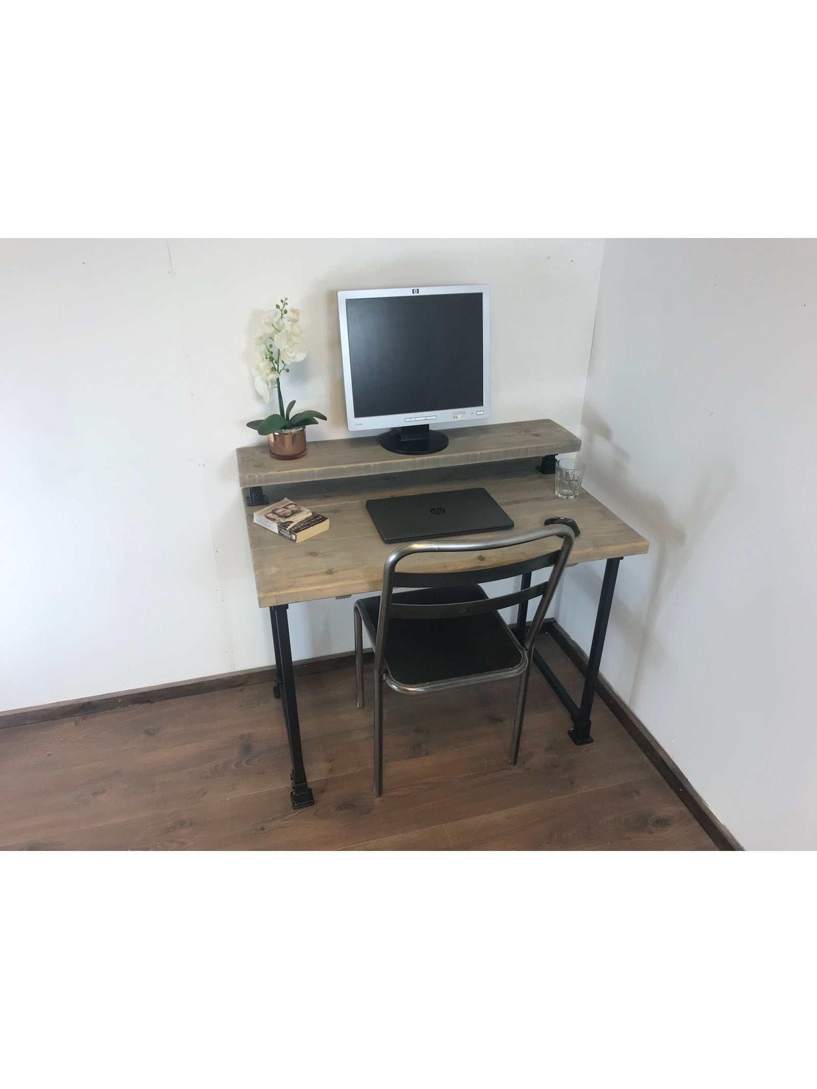 Home office desk with black square adjustable legs. with monitor shelf. 5 rustic wood colours. Industrial style. Simple Allan key installation, The Axlewood