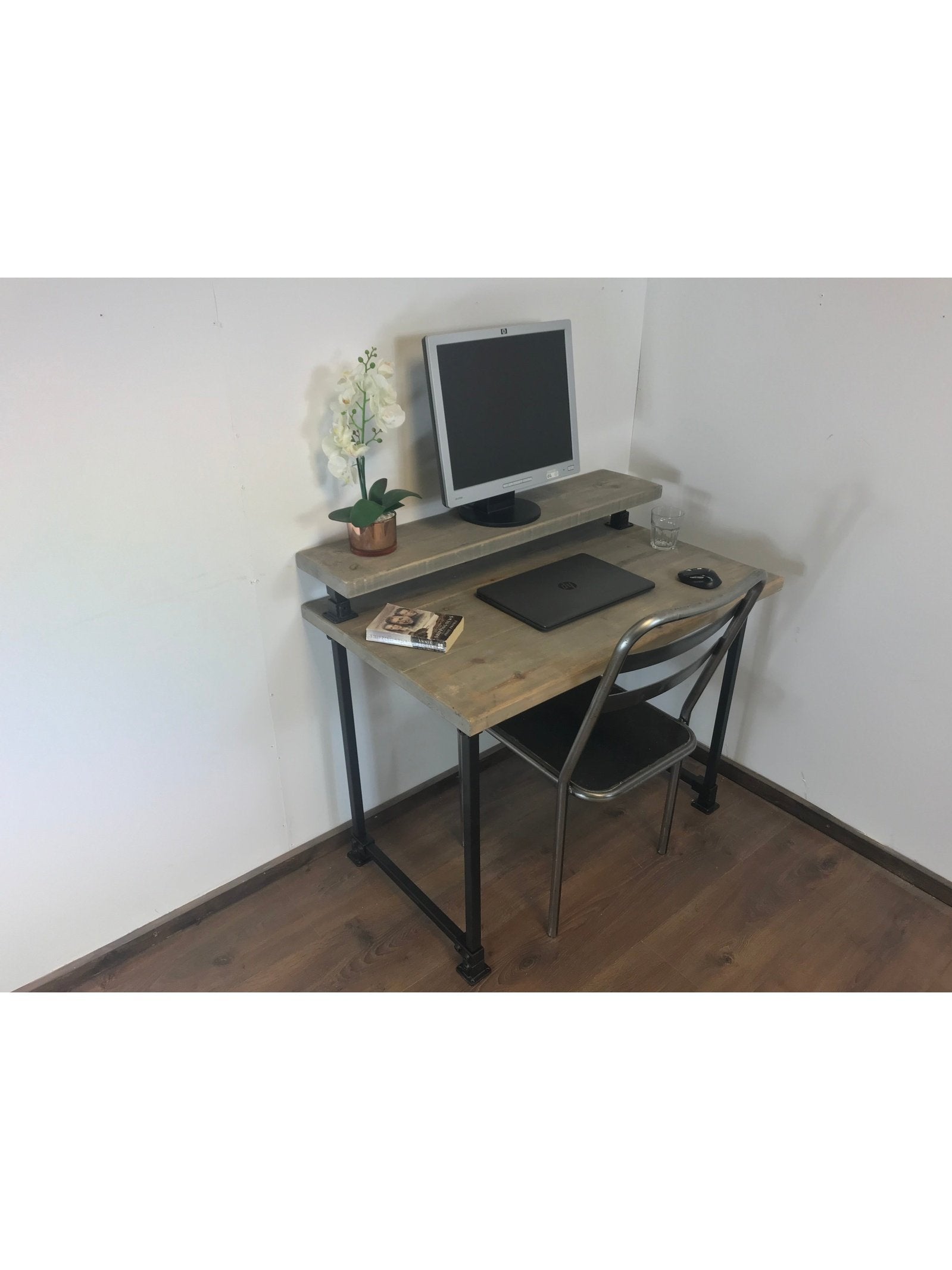 Home office desk with black square adjustable legs. with monitor shelf. 5 rustic wood colours. Industrial style. Simple Allan key installation, The Axlewood