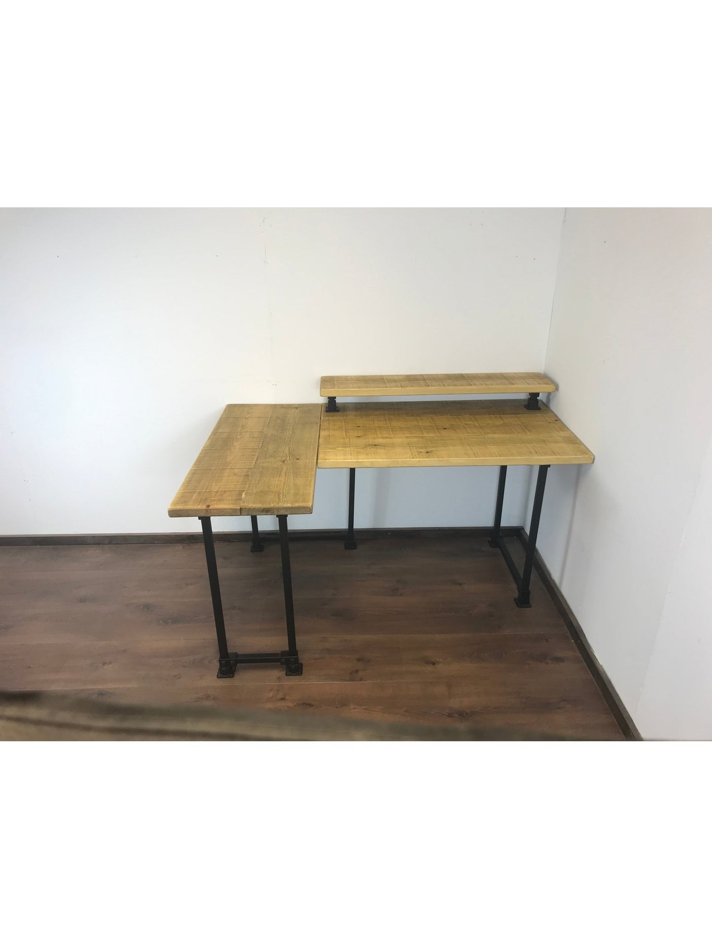 Rustic Corner Desk with Monitor Shelf, black square legs - Left or right-Handed Style - 5 wood Colours, office desk, computer desk