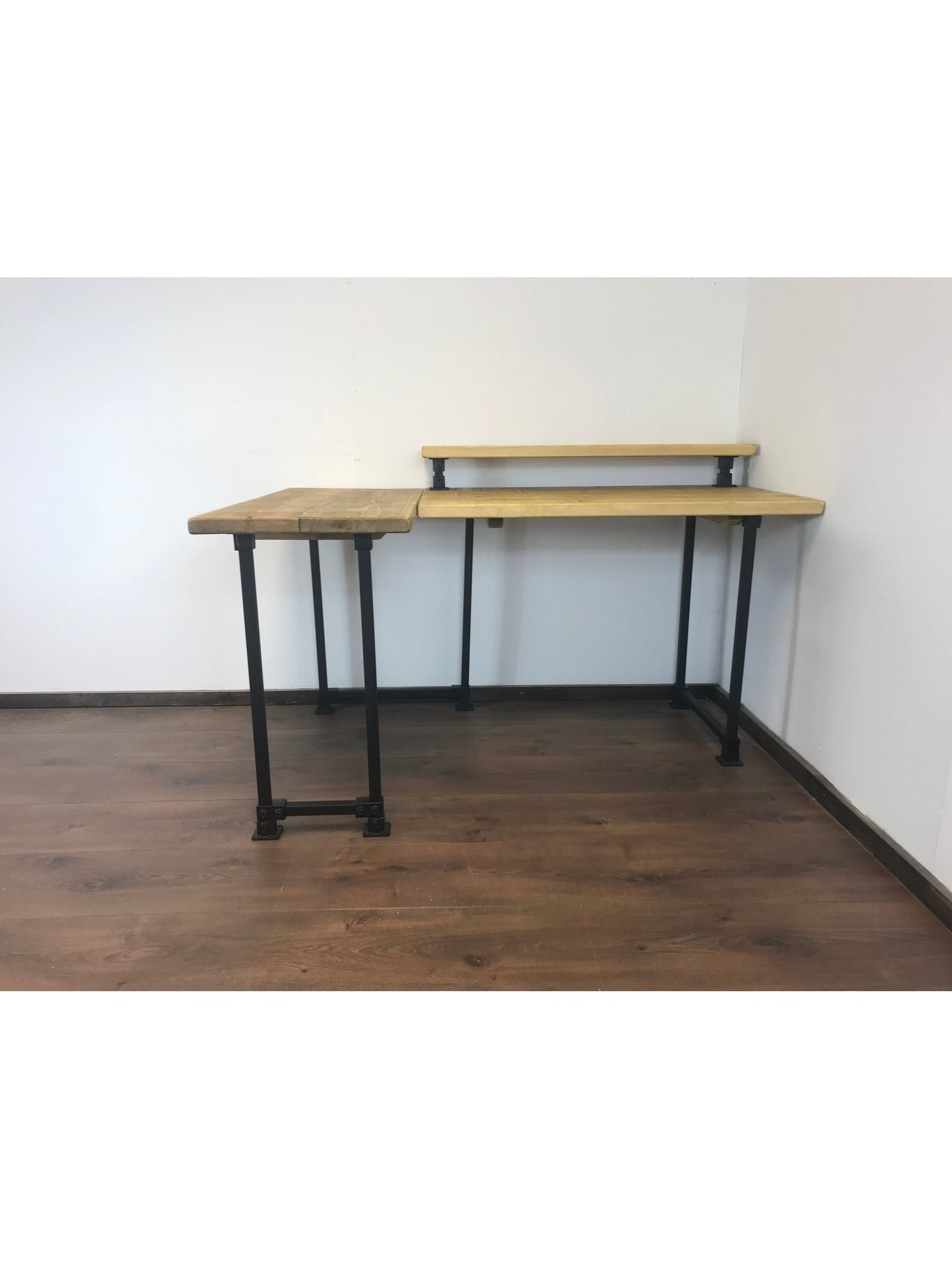 Rustic Corner Desk with Monitor Shelf, black square legs - Left or right-Handed Style - 5 wood Colours, office desk, computer desk