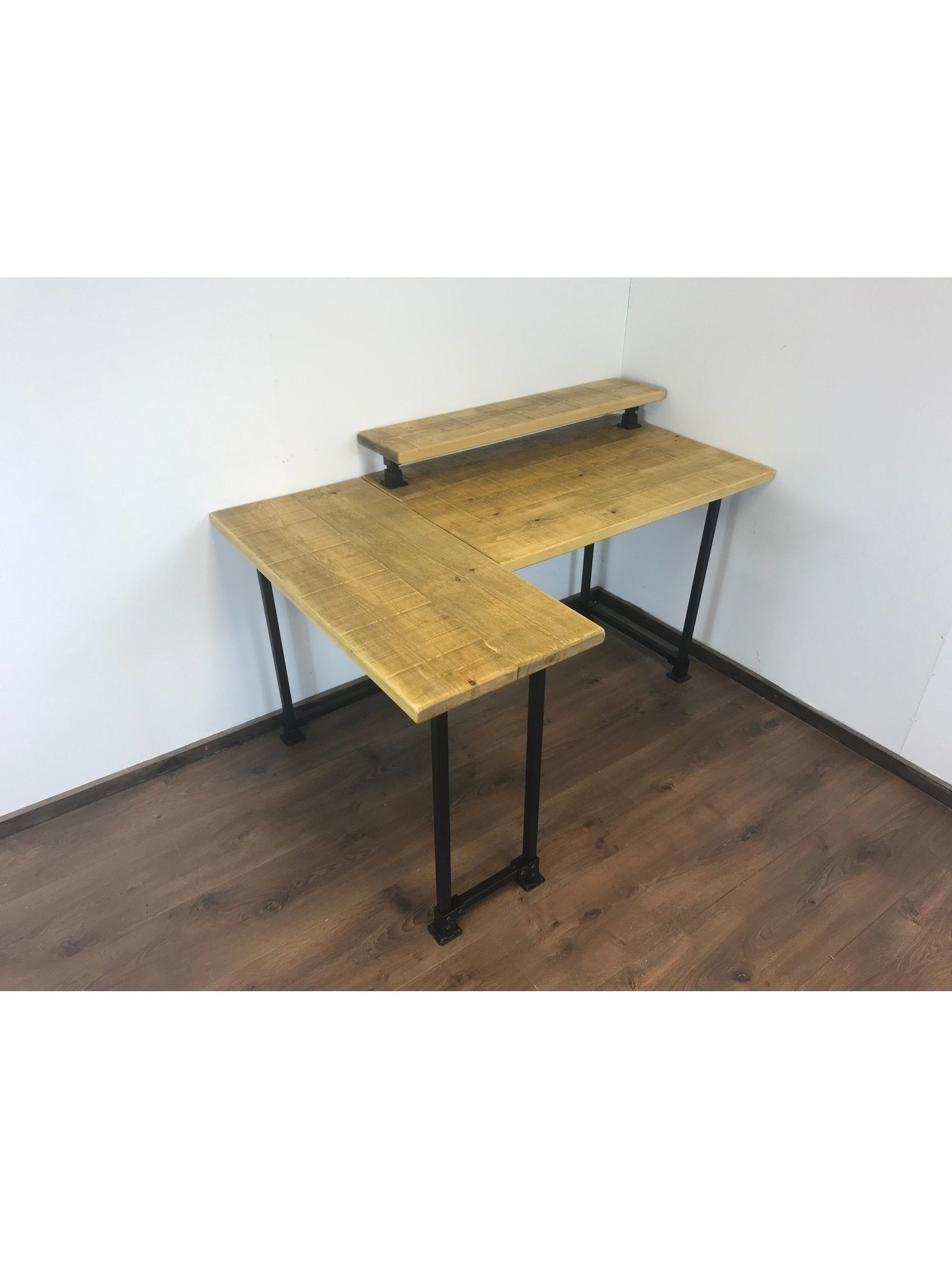 Rustic Corner Desk with Monitor Shelf, black square legs - Left or right-Handed Style - 5 wood Colours, office desk, computer desk