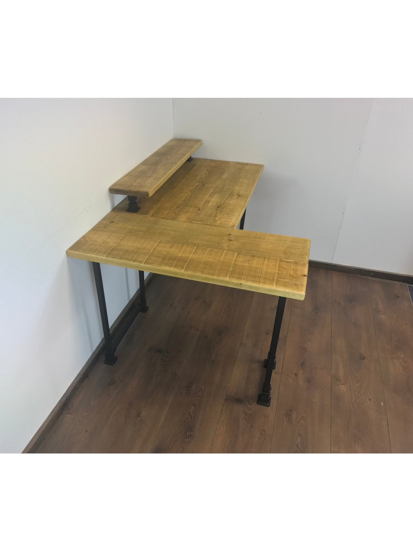 Rustic Corner Desk with Monitor Shelf, black square legs - Left or right-Handed Style - 5 wood Colours, office desk, computer desk