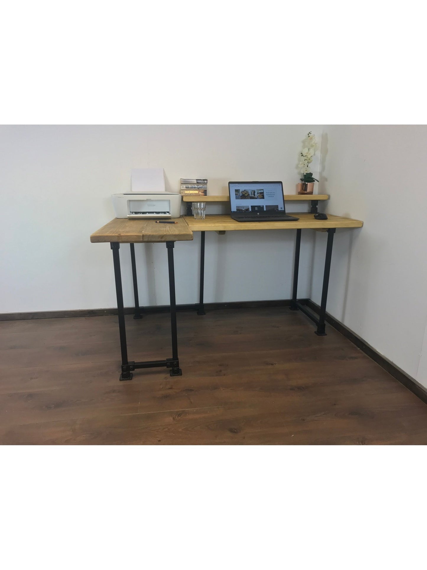 Rustic Corner Desk with Monitor Shelf, black square legs - Left or right-Handed Style - 5 wood Colours, office desk, computer desk