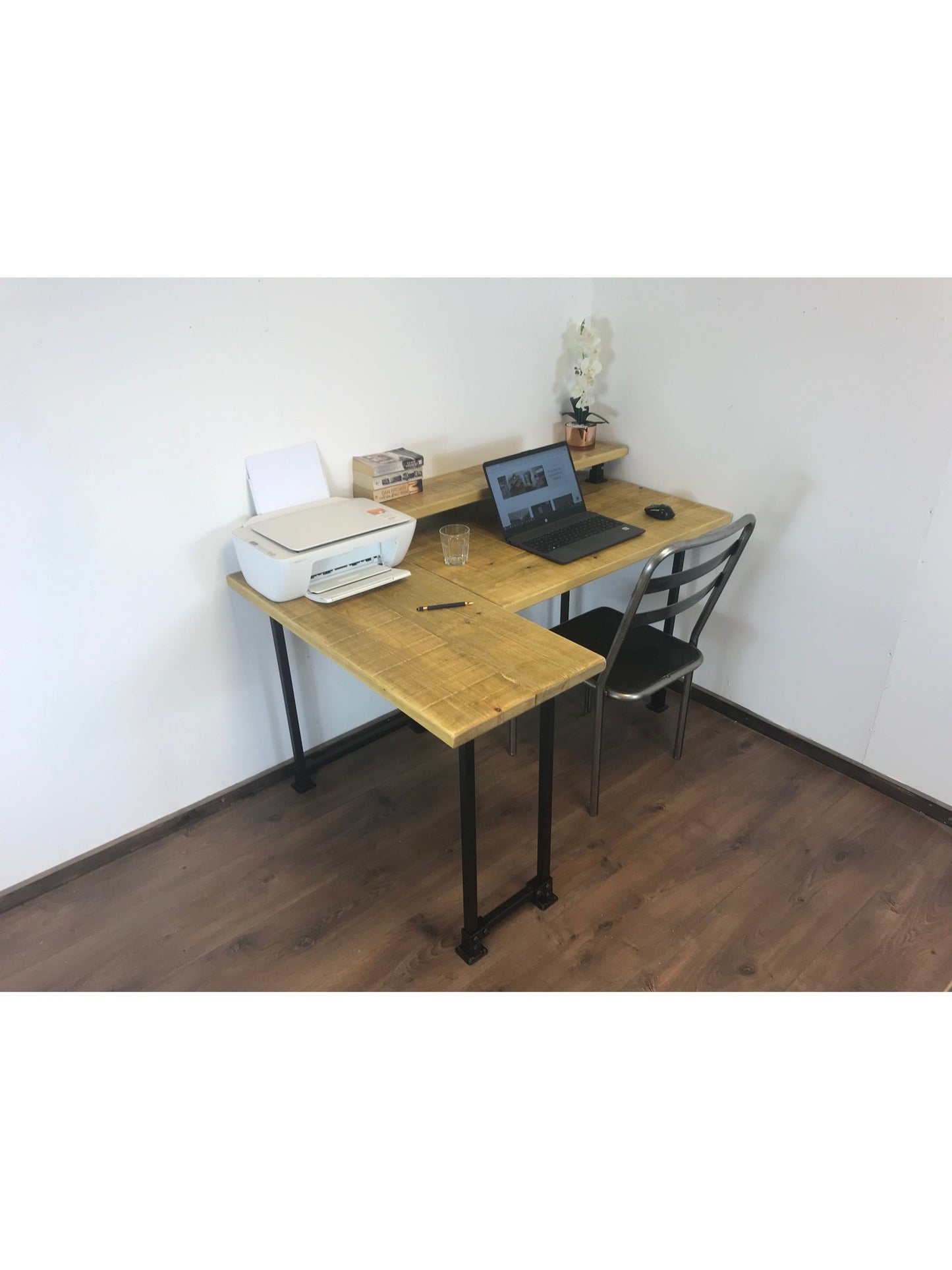 Rustic Corner Desk with Monitor Shelf, black square legs - Left or right-Handed Style - 5 wood Colours, office desk, computer desk