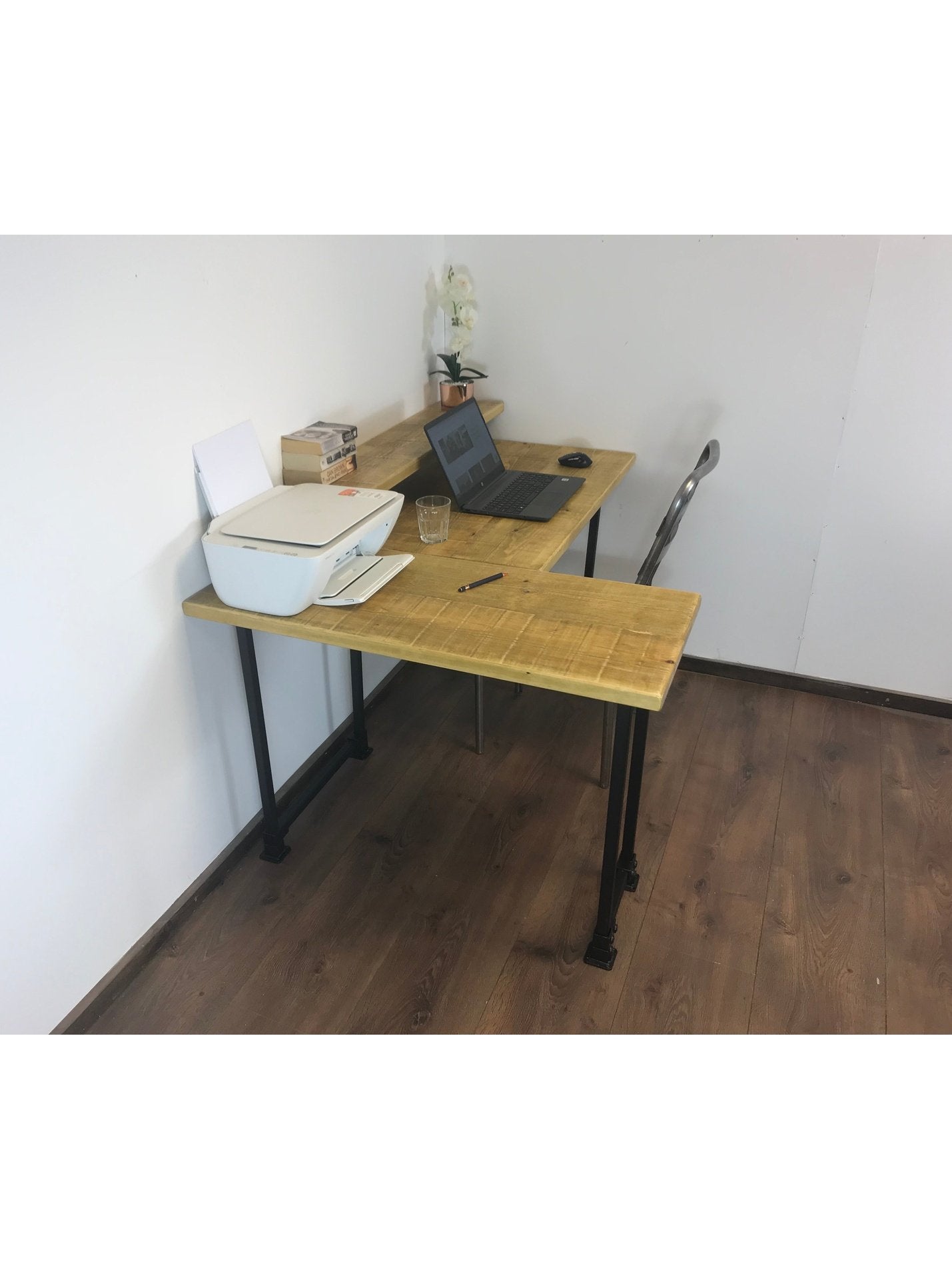 Rustic Corner Desk with Monitor Shelf, black square legs - Left or right-Handed Style - 5 wood Colours, office desk, computer desk