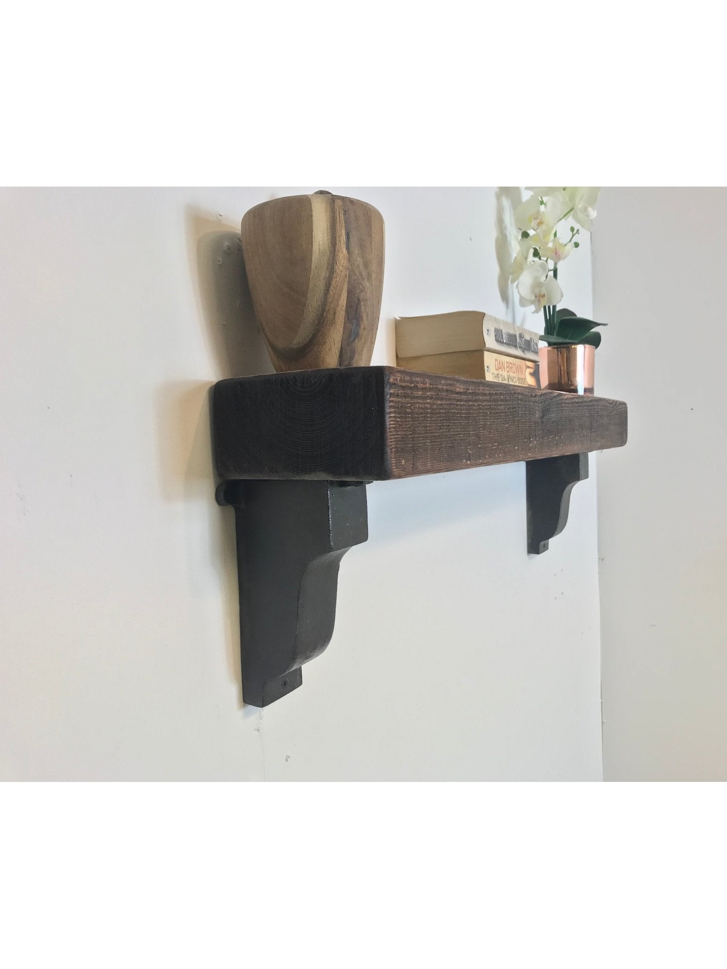 Mantle beam with Corbel Mantelpiece Cast Iron brackets, 150mm x 75mm solid pine wood hand finished and stained