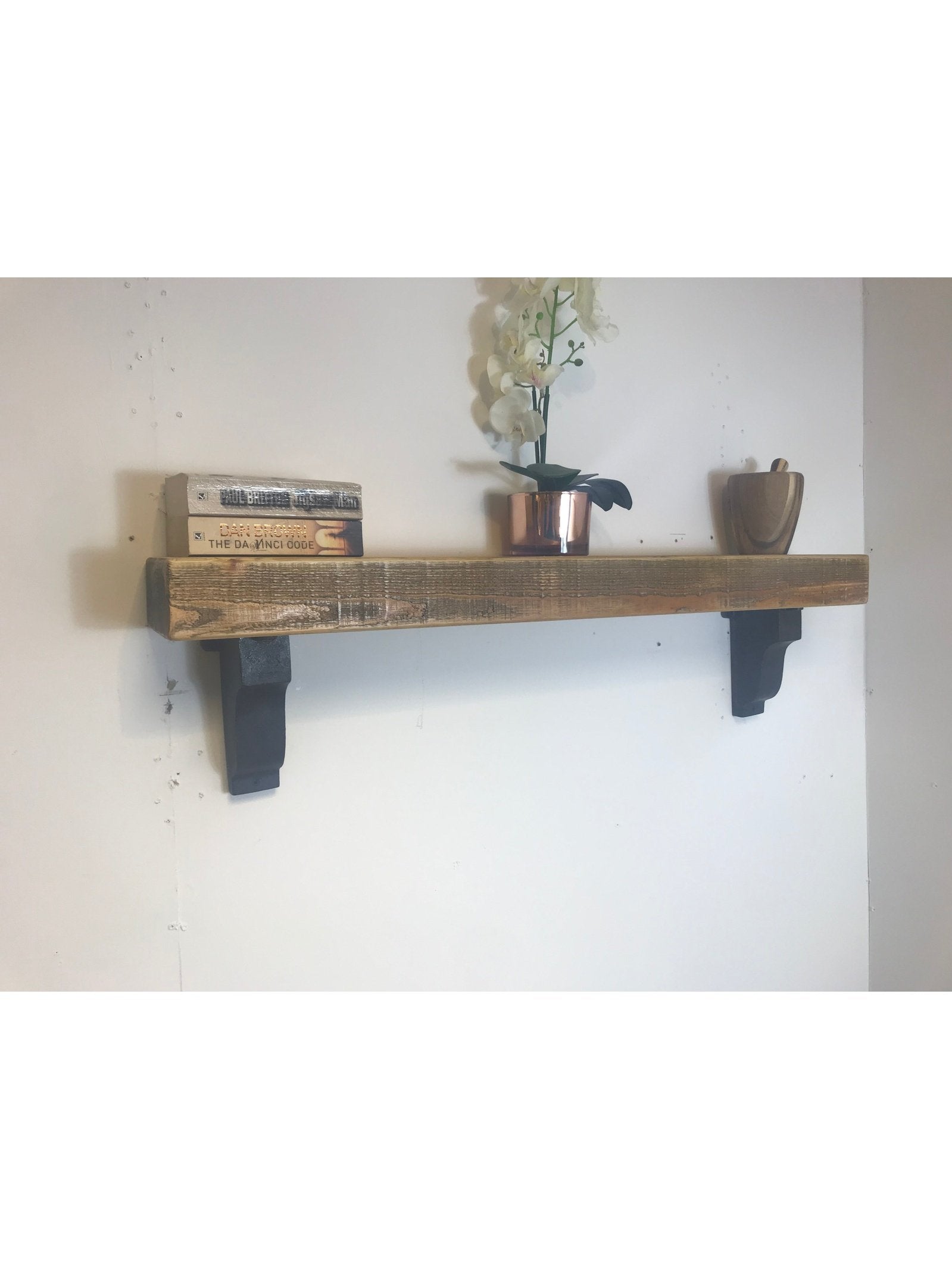 Mantle beam with Corbel Mantelpiece Cast Iron brackets, 150mm x 75mm solid pine wood hand finished and stained