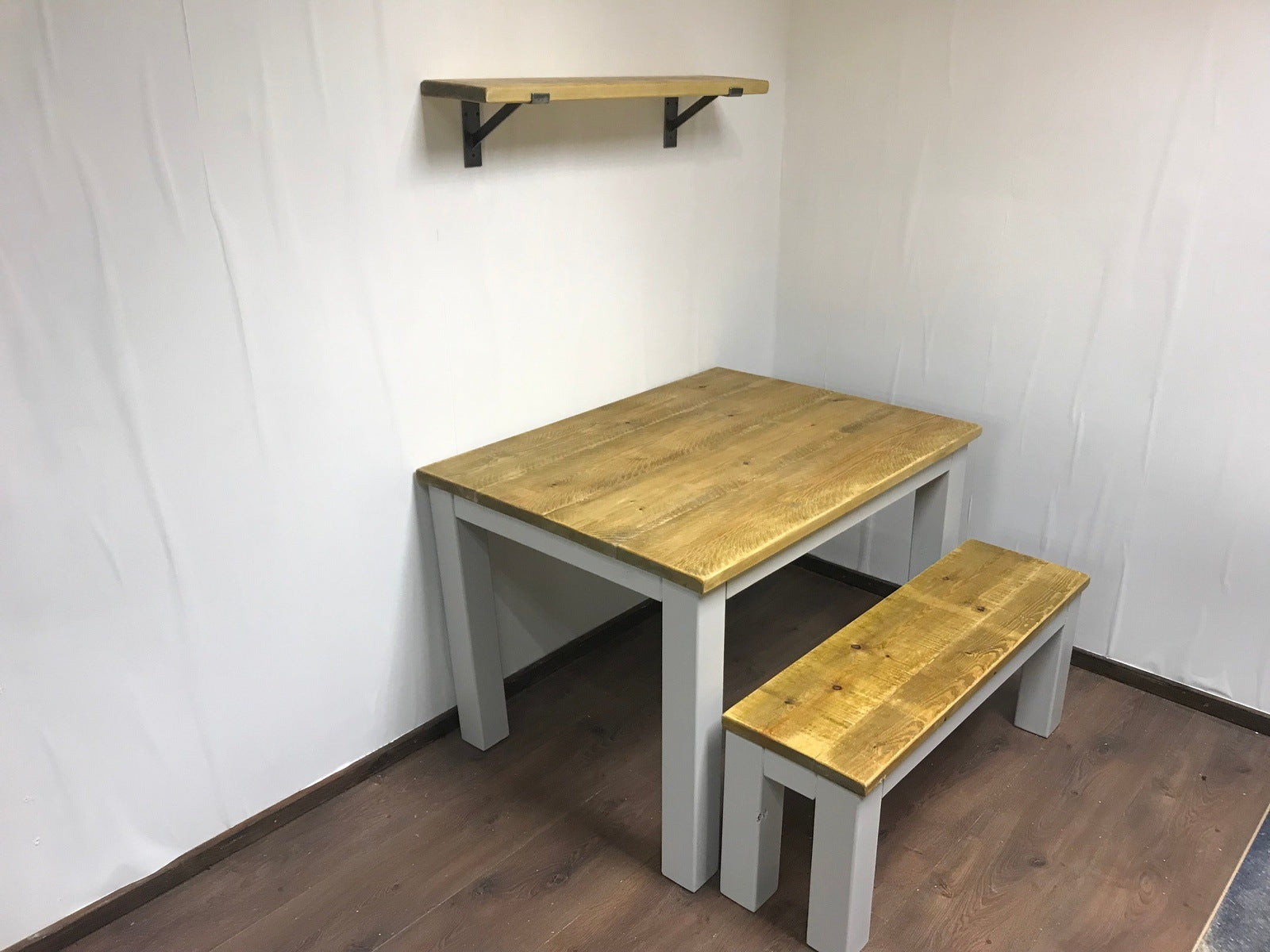 Dining Table and bench set. Farmhouse style hand painted legs using Little Green French grey. Rustic solid wood, hand stained Table top