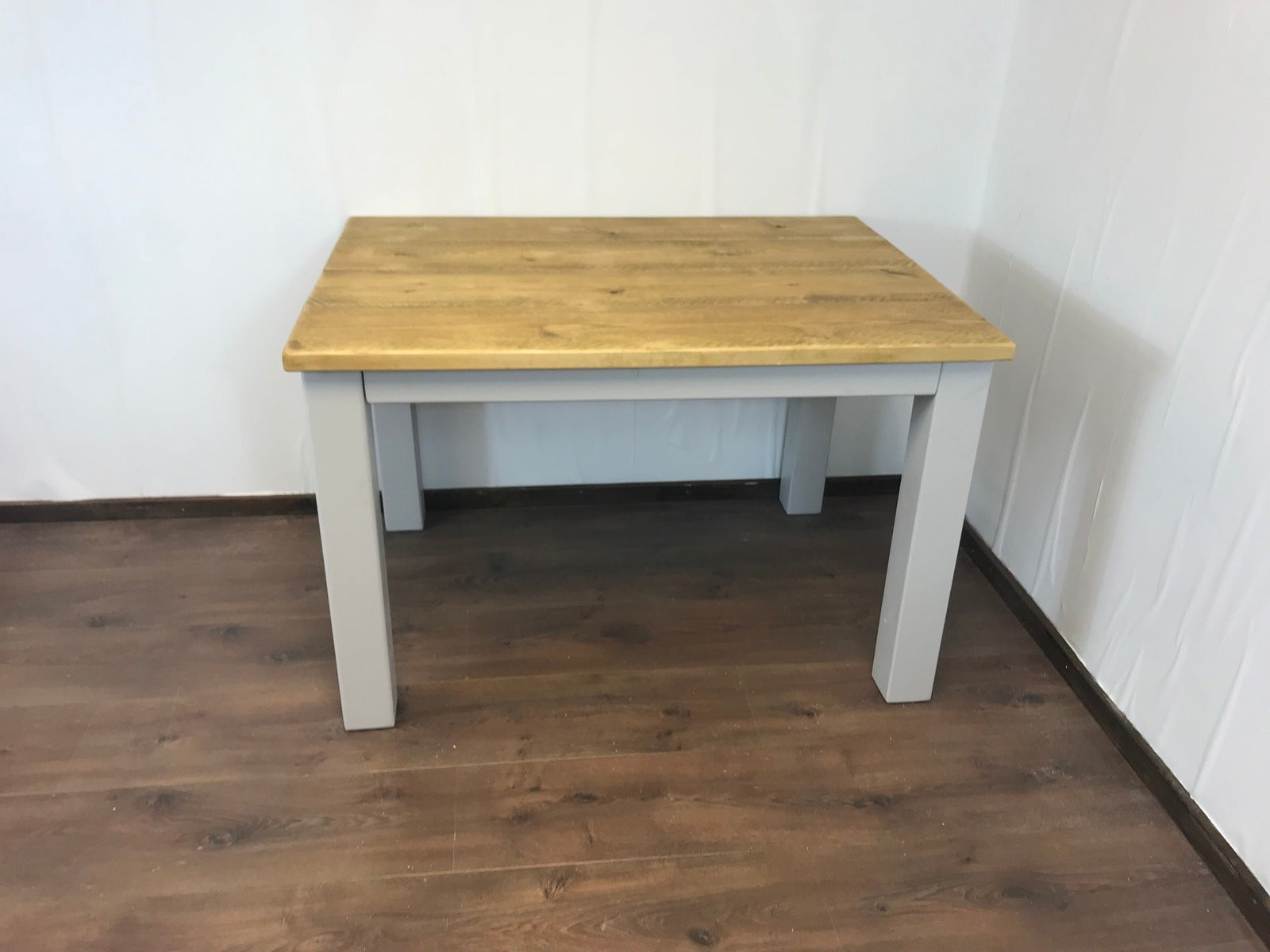 Dining Table and bench set. Farmhouse style hand painted legs using Little Green French grey. Rustic solid wood, hand stained Table top