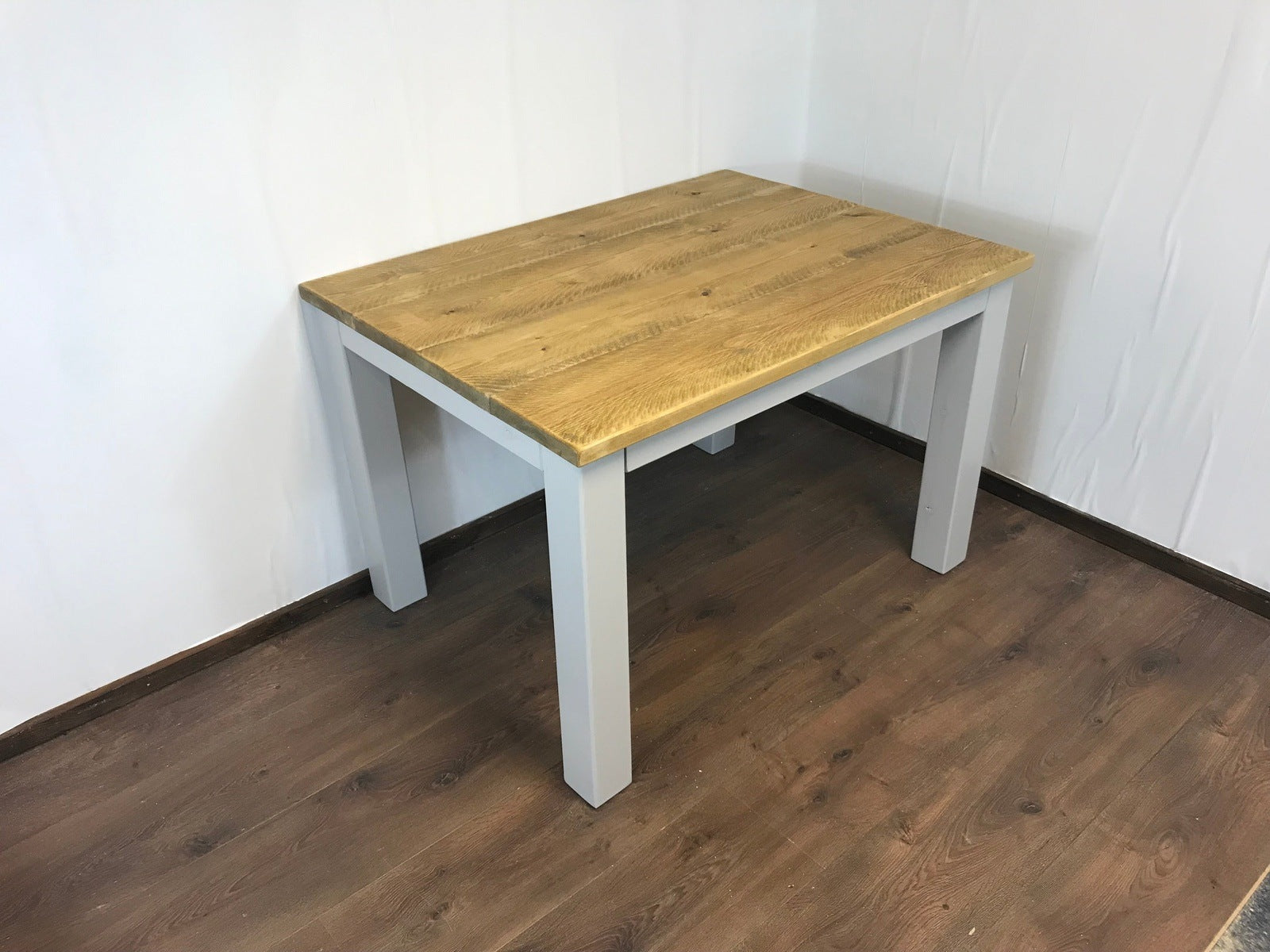 Dining Table and bench set. Farmhouse style hand painted legs using Little Green French grey. Rustic solid wood, hand stained Table top