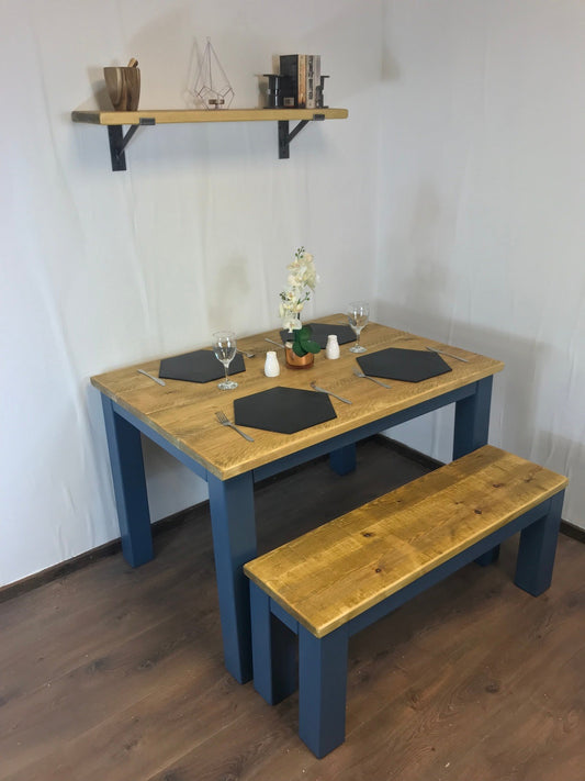 Dining Table and bench set. Farmhouse style hand painted legs using Little Green Hicks Blue. Rustic solid wood, hand stained Table top