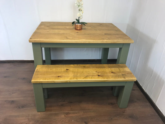 Dining Table and bench set. Farmhouse style hand painted legs using Little Green Sage green. Rustic solid wood, hand stained Table top
